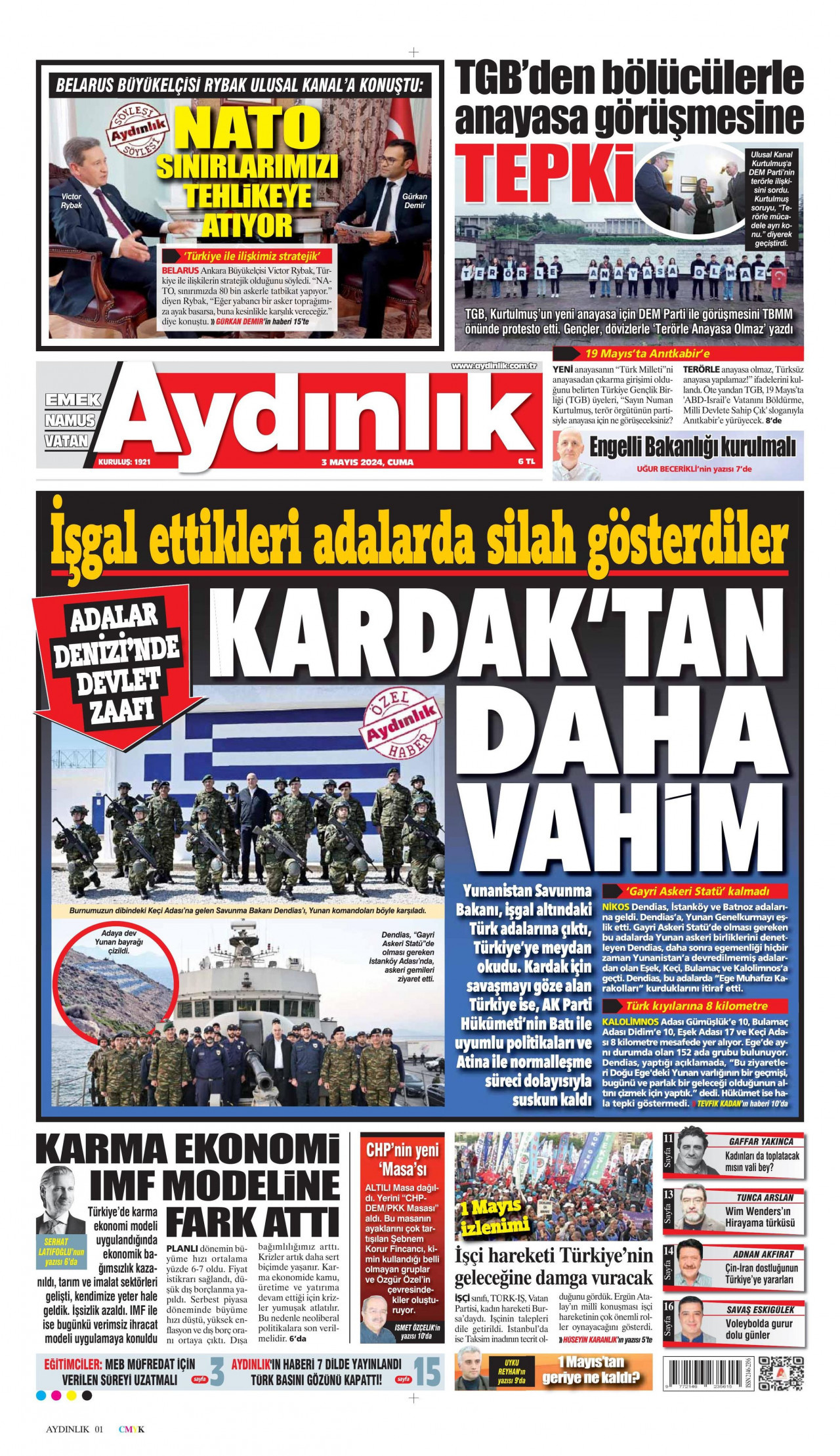 AYDINLIK GAZETESİ gazetesinin 3 Mayıs 2024 tarihli birinci sayfası