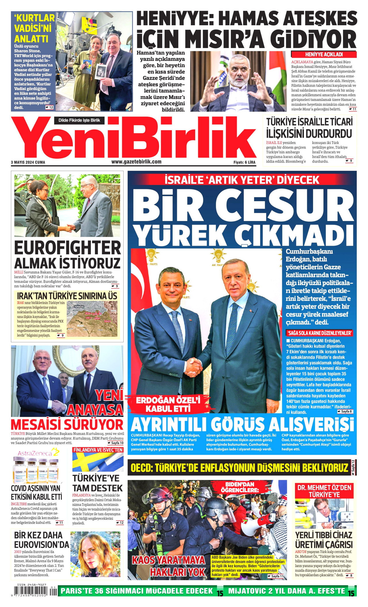 YENİBİRLİK gazetesinin 3 Mayıs 2024 tarihli birinci sayfası
