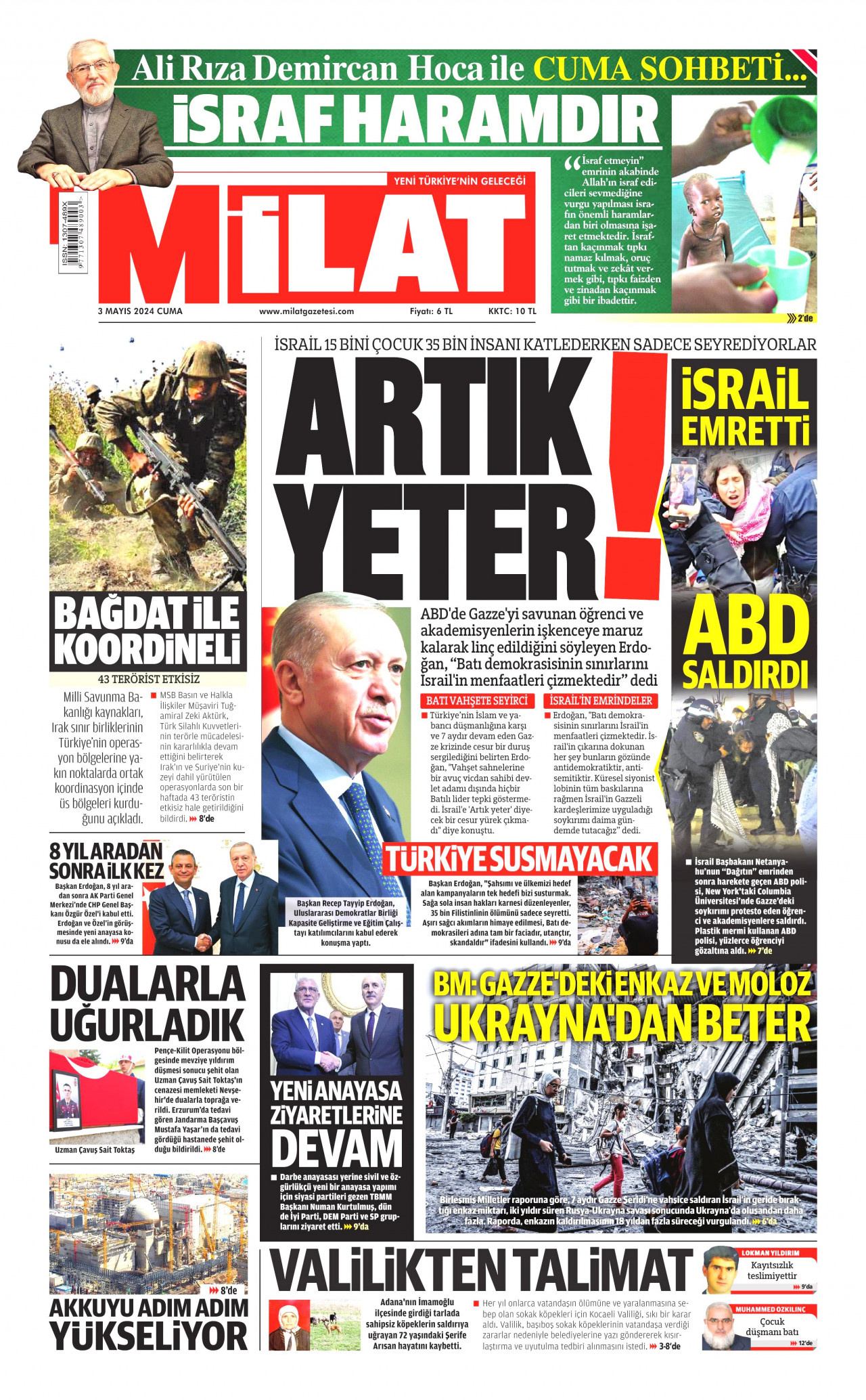 MİLAT gazetesinin 3 Mayıs 2024 tarihli birinci sayfası