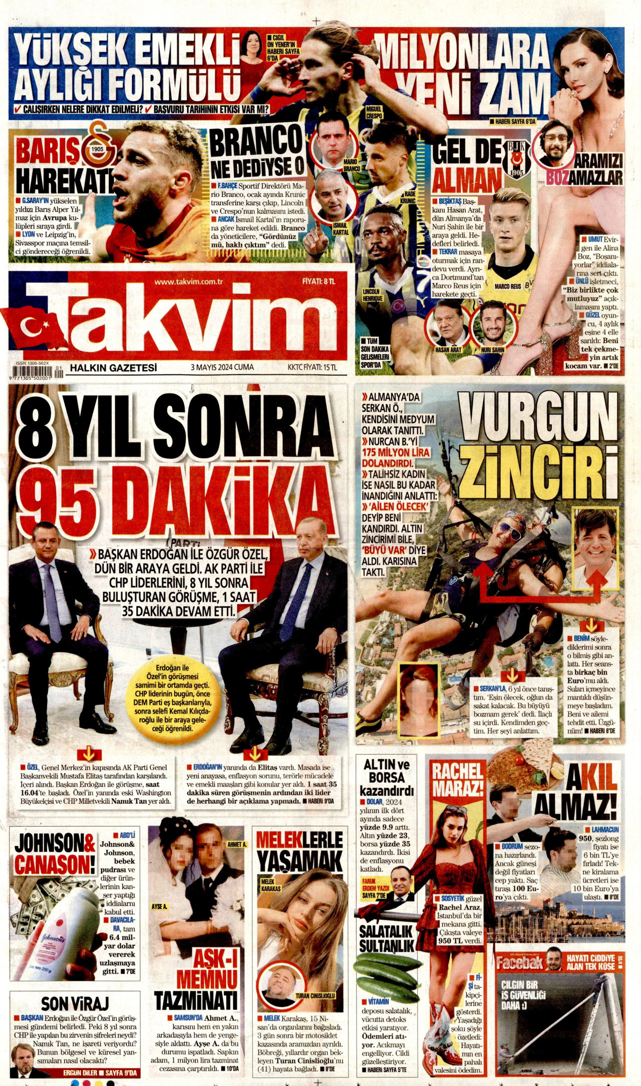 TAKVİM gazetesinin 3 Mayıs 2024 tarihli birinci sayfası