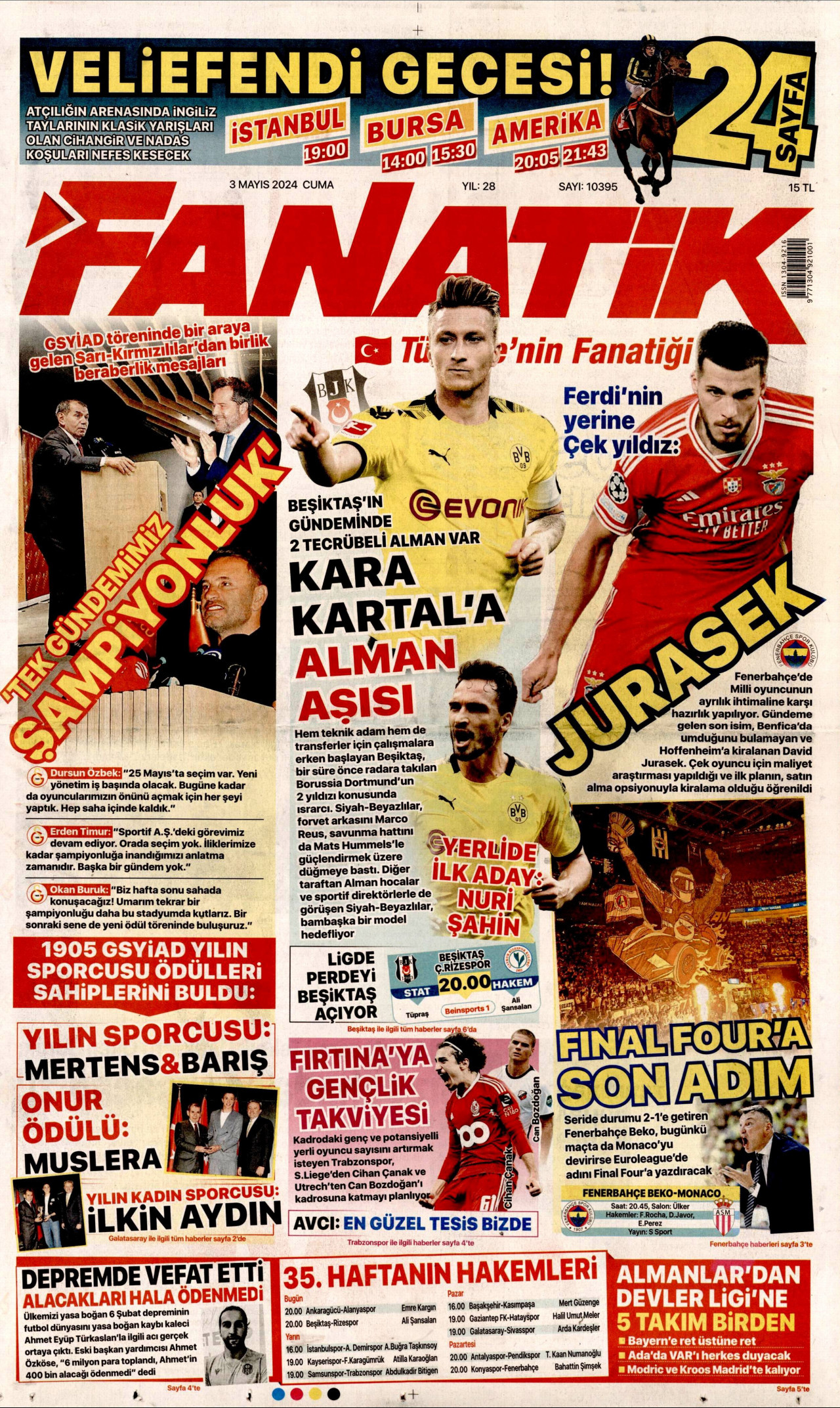 FANATİK gazetesinin 3 Mayıs 2024 tarihli birinci sayfası