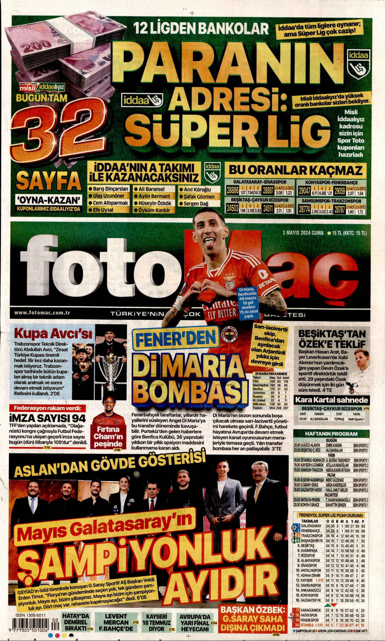FOTOMAÇ gazetesinin 3 Mayıs 2024 tarihli birinci sayfası