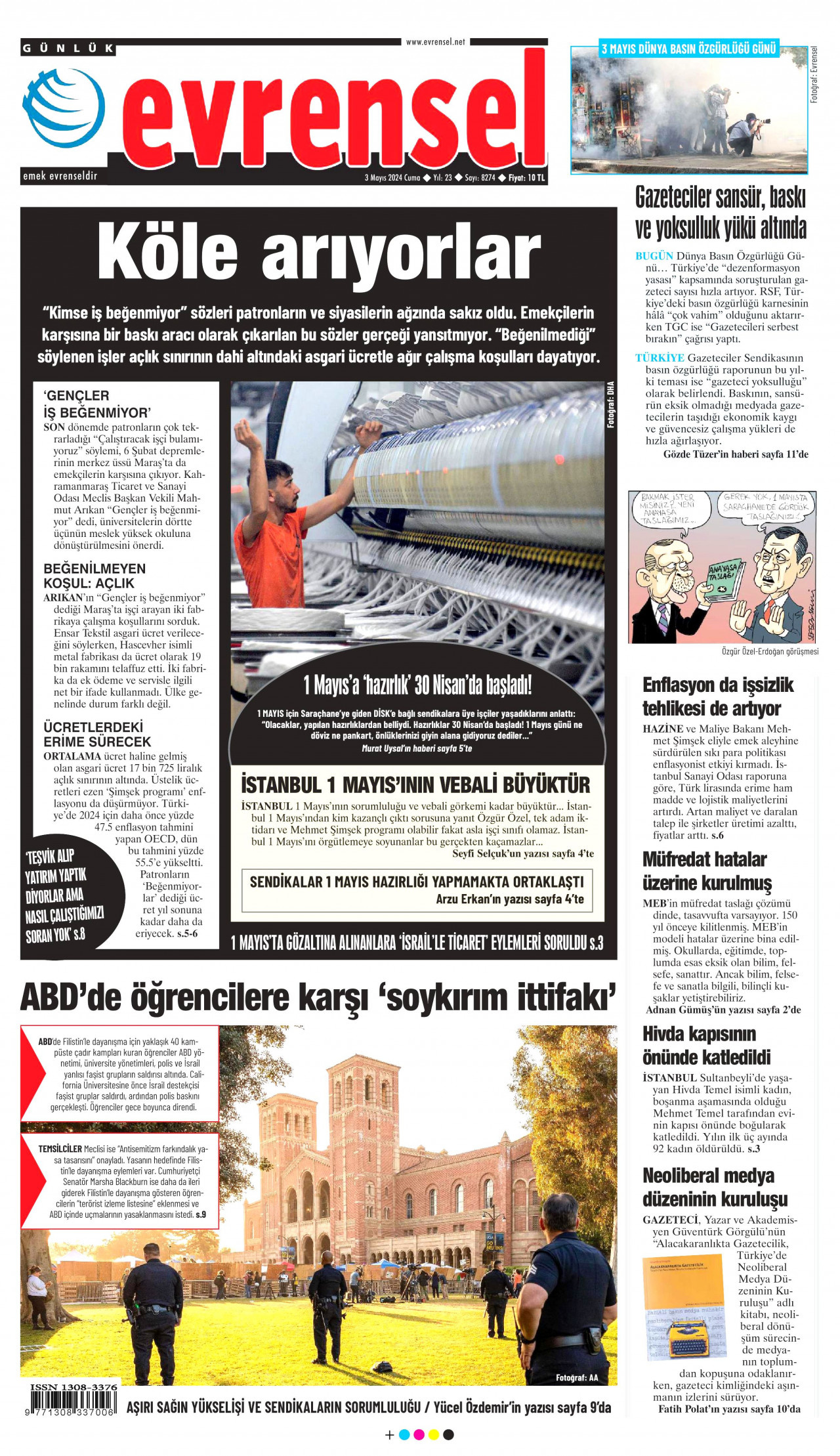 EVRENSEL gazetesinin 3 Mayıs 2024 tarihli birinci sayfası