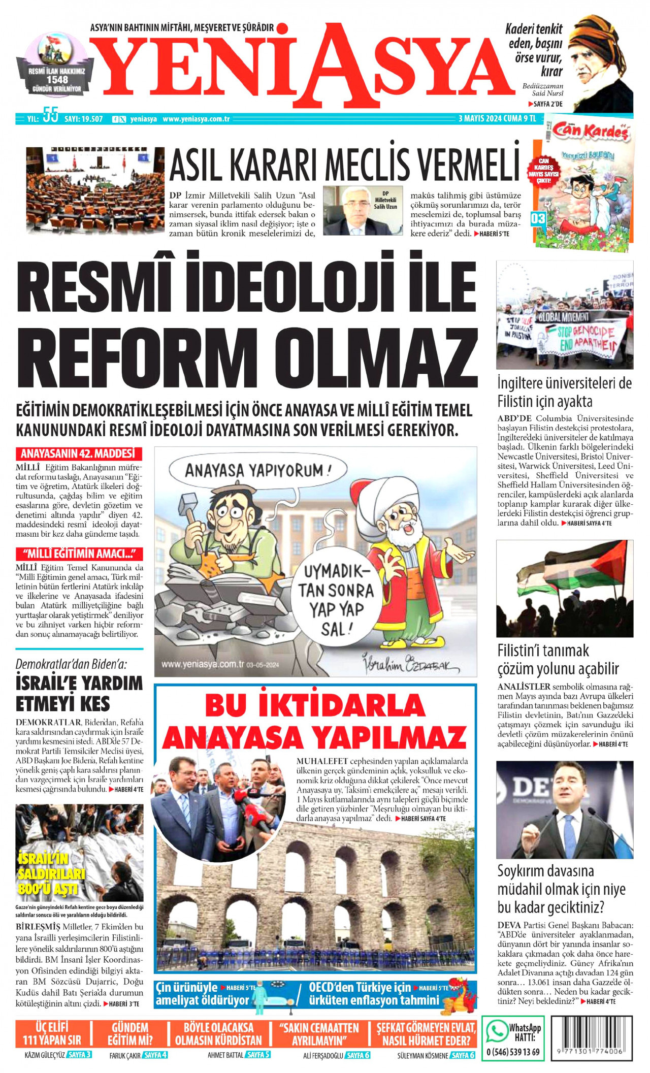 YENİ ASYA gazetesinin 3 Mayıs 2024 tarihli birinci sayfası