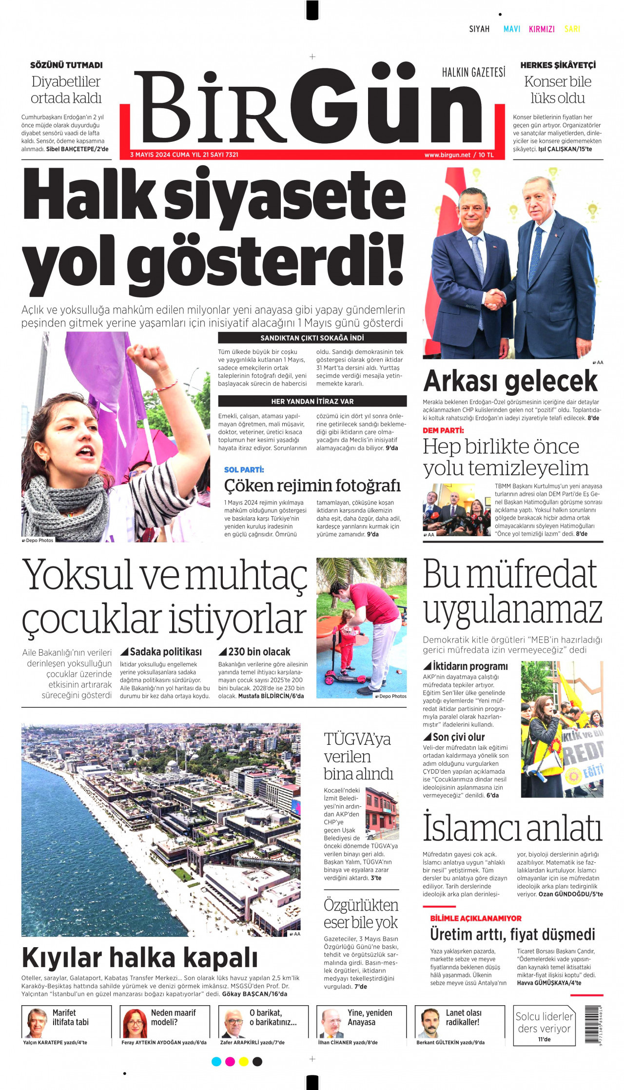 BİRGÜN gazetesinin 3 Mayıs 2024 tarihli birinci sayfası