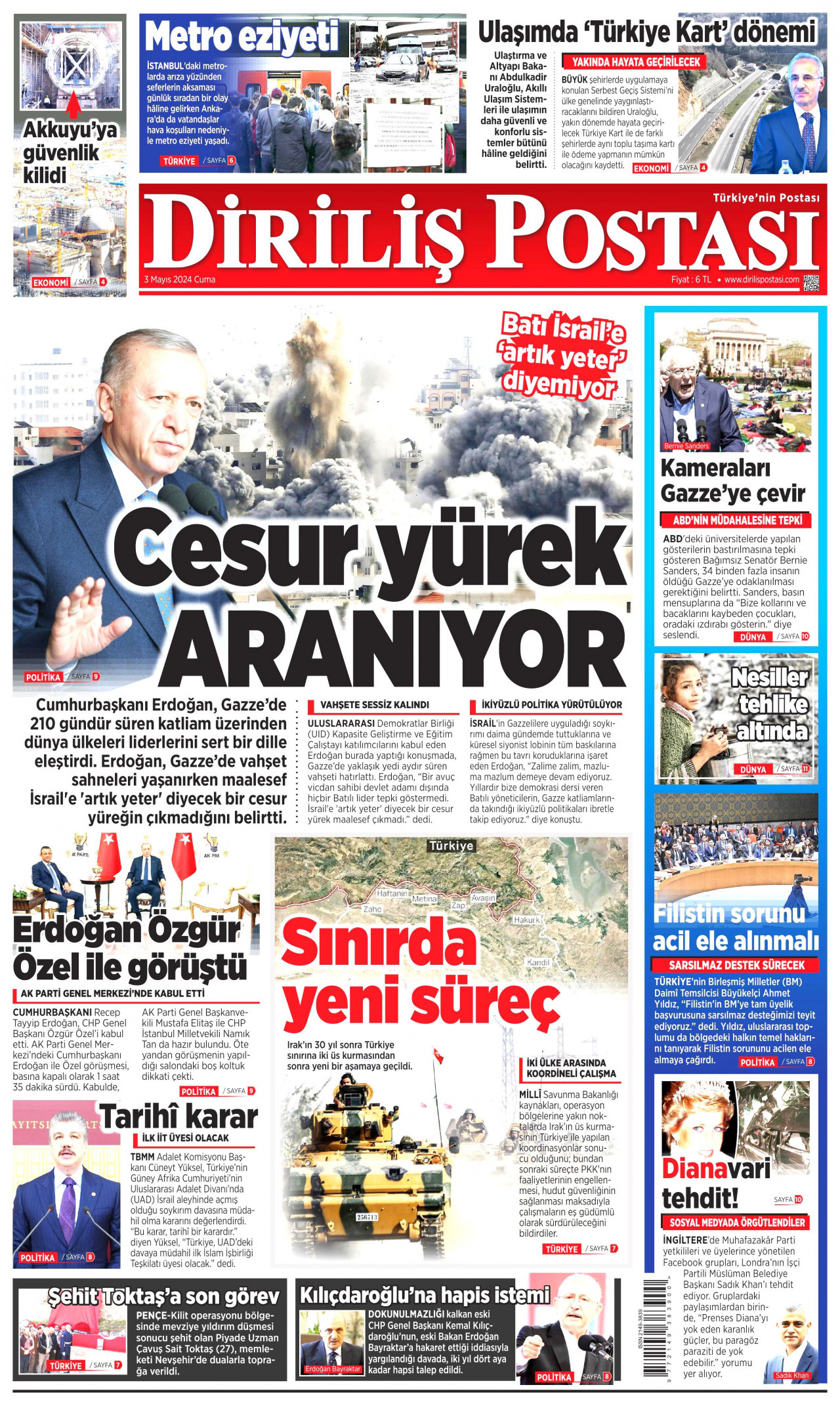 DİRİLİŞ POSTASI gazetesinin 3 Mayıs 2024 tarihli birinci sayfası