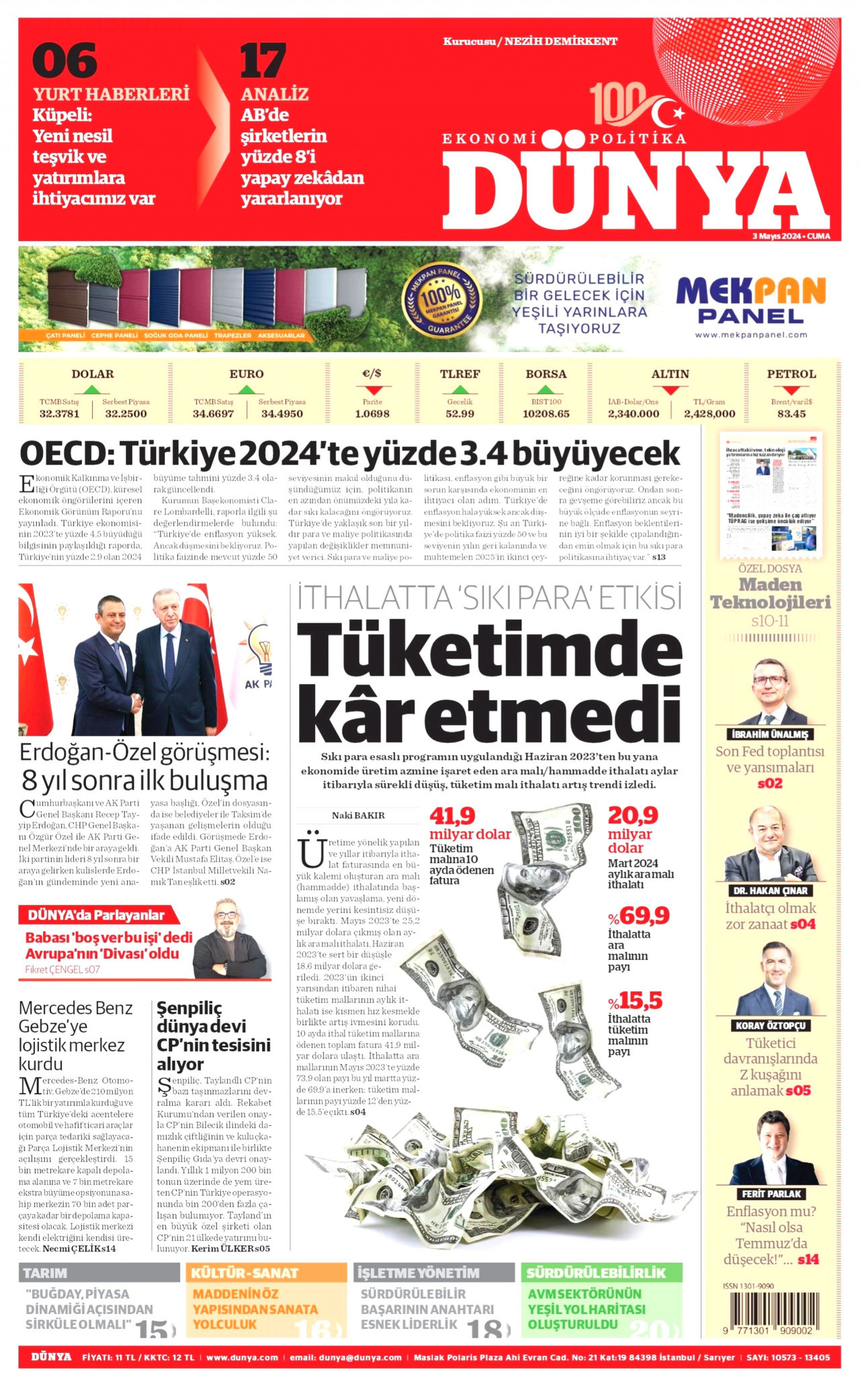 DÜNYA gazetesinin 3 Mayıs 2024 tarihli birinci sayfası