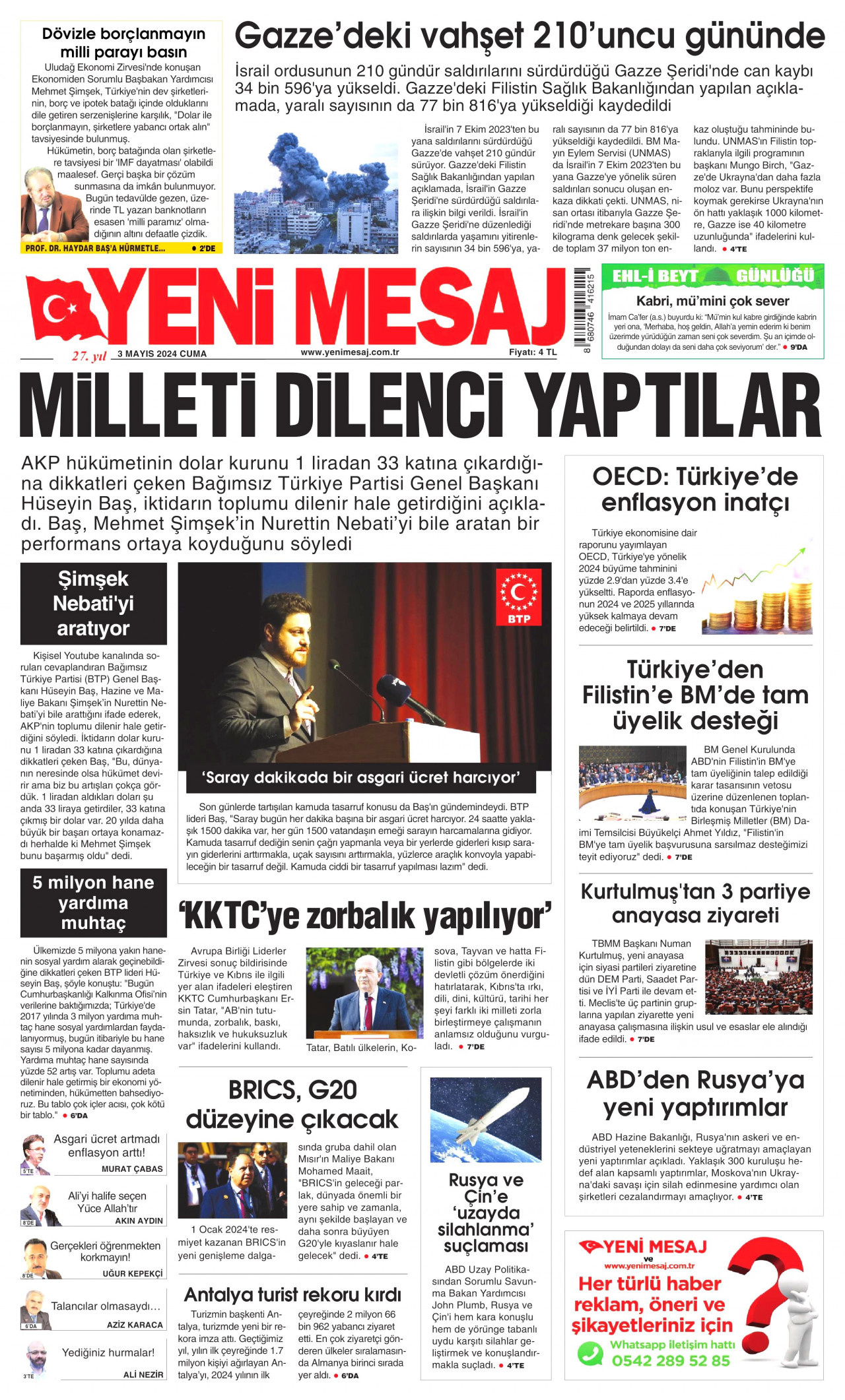 YENİ MESAJ gazetesinin 3 Mayıs 2024 tarihli birinci sayfası