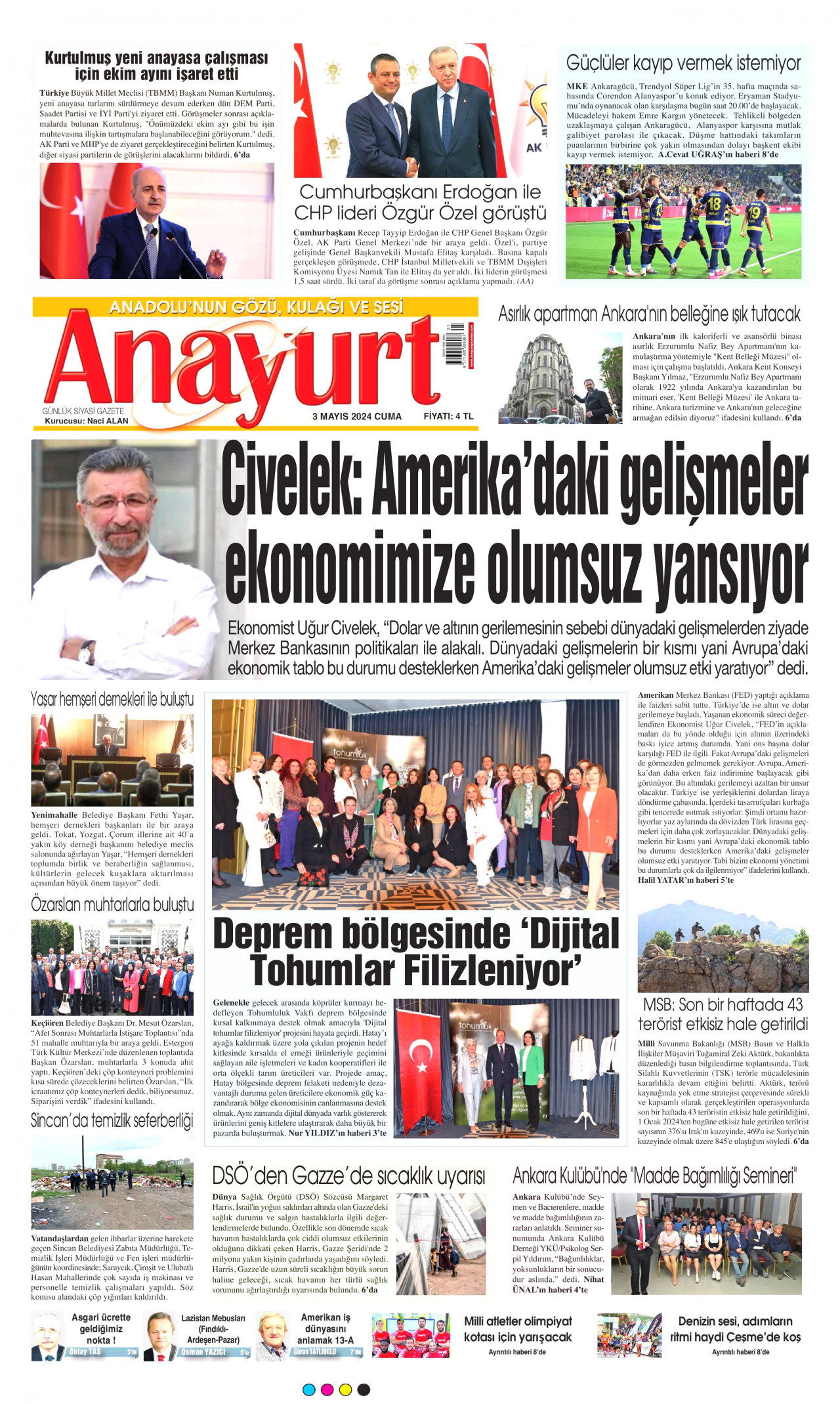 ANAYURT gazetesinin 3 Mayıs 2024 tarihli birinci sayfası