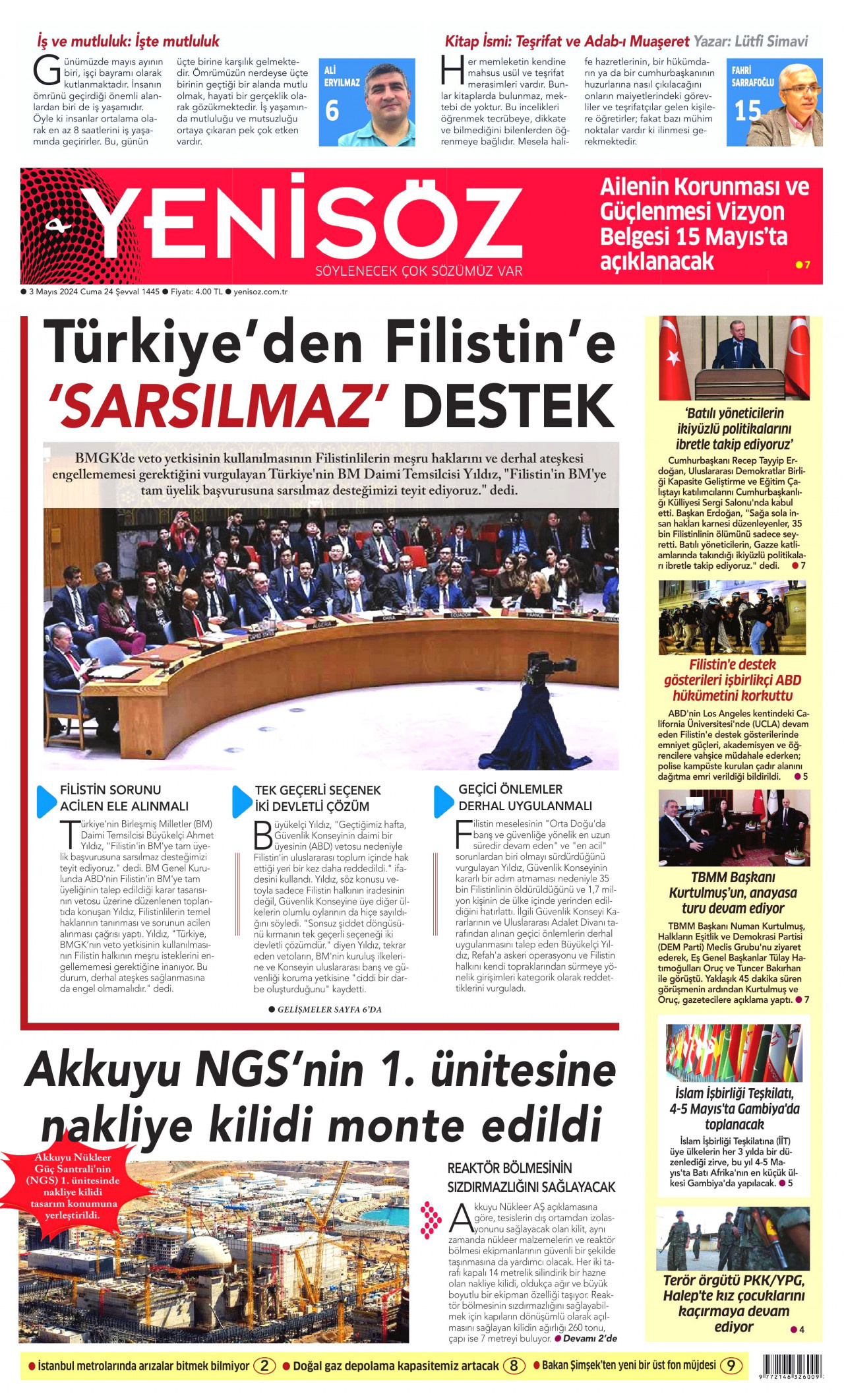 YENİ SÖZ GAZETESİ gazetesinin 3 Mayıs 2024 tarihli birinci sayfası
