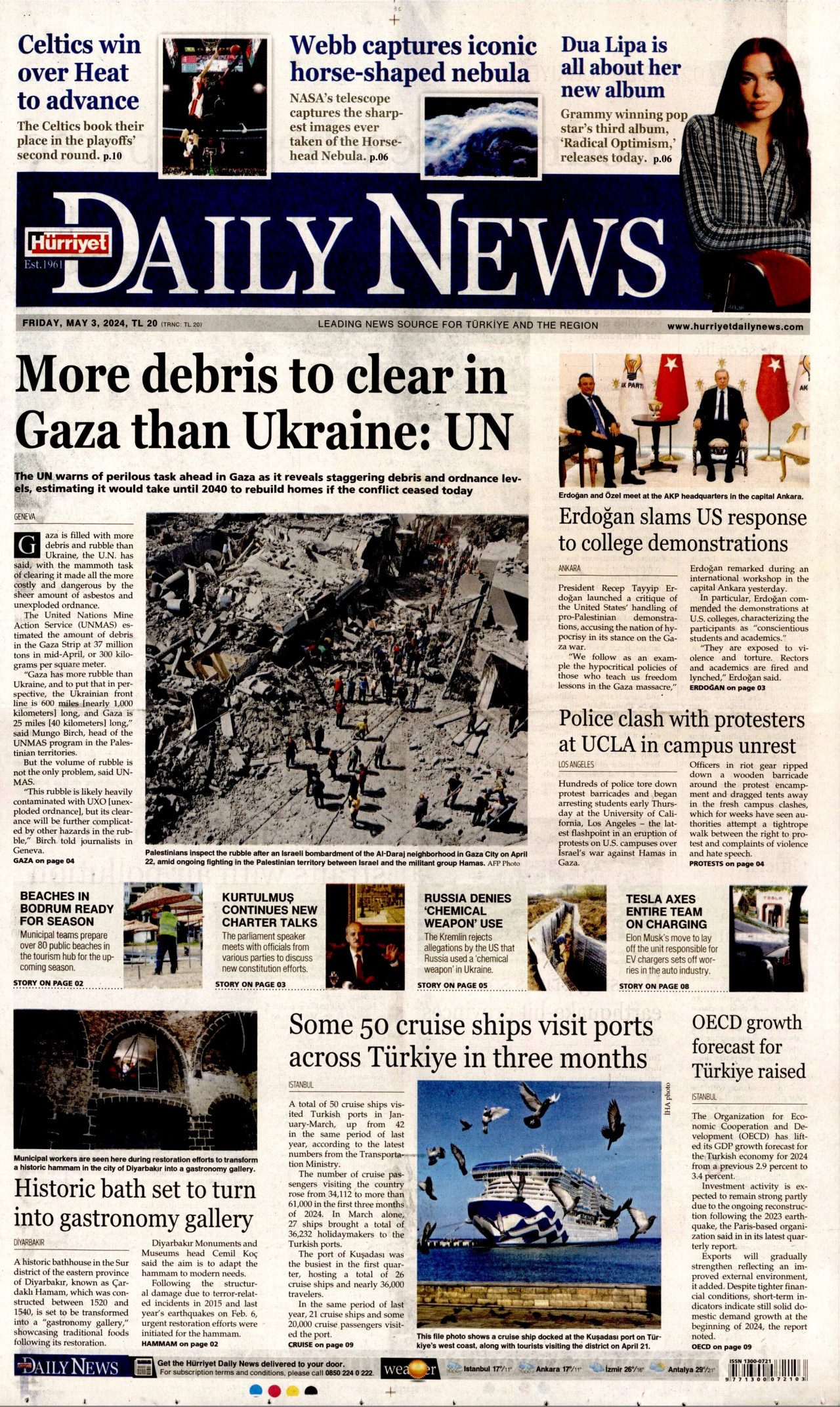 HÜRRİYET DAİLY NEWS gazetesinin 3 Mayıs 2024 tarihli birinci sayfası