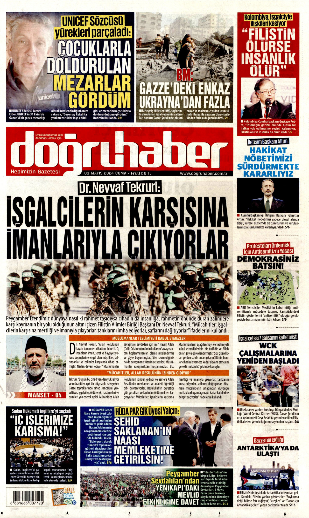 DOĞRU HABER gazetesinin 3 Mayıs 2024 tarihli birinci sayfası