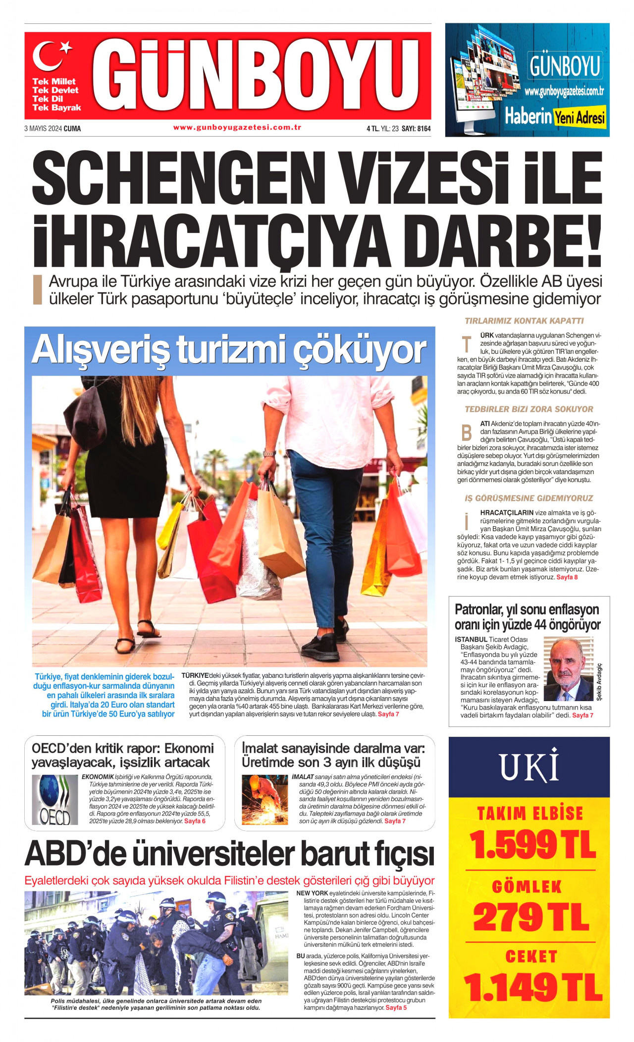 GÜNBOYU gazetesinin 3 Mayıs 2024 tarihli birinci sayfası