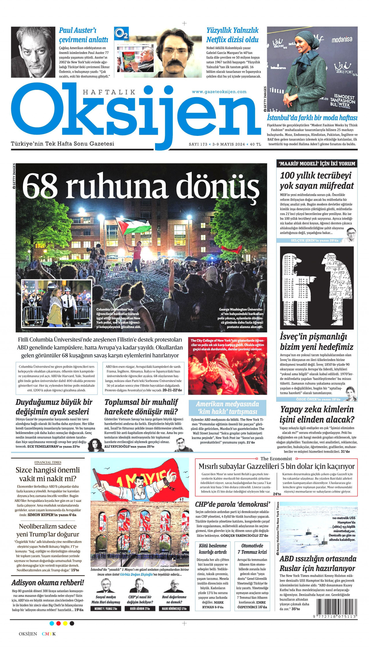 OKSİJEN gazetesinin 3 Mayıs 2024 tarihli birinci sayfası