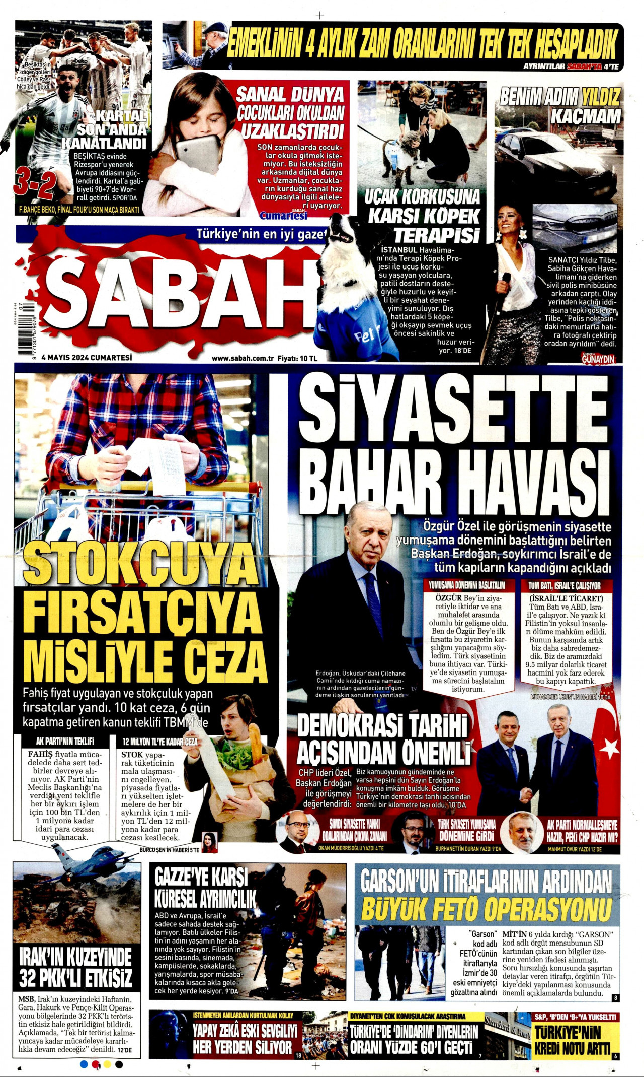 SABAH gazetesinin 4 Mayıs 2024 tarihli birinci sayfası