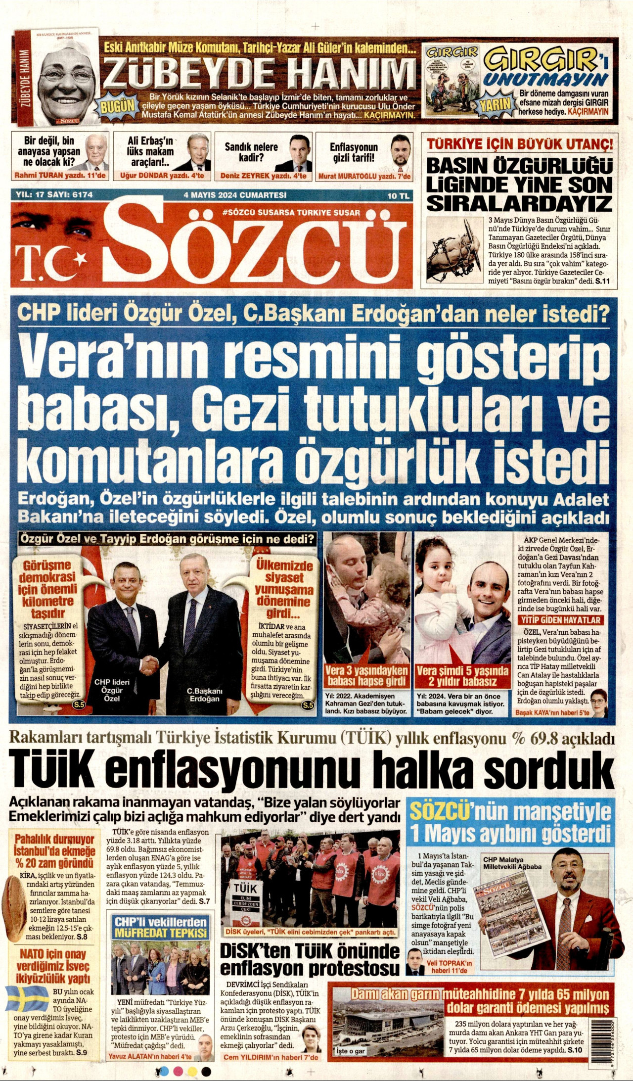 SÖZCÜ gazetesinin 4 Mayıs 2024 tarihli birinci sayfası