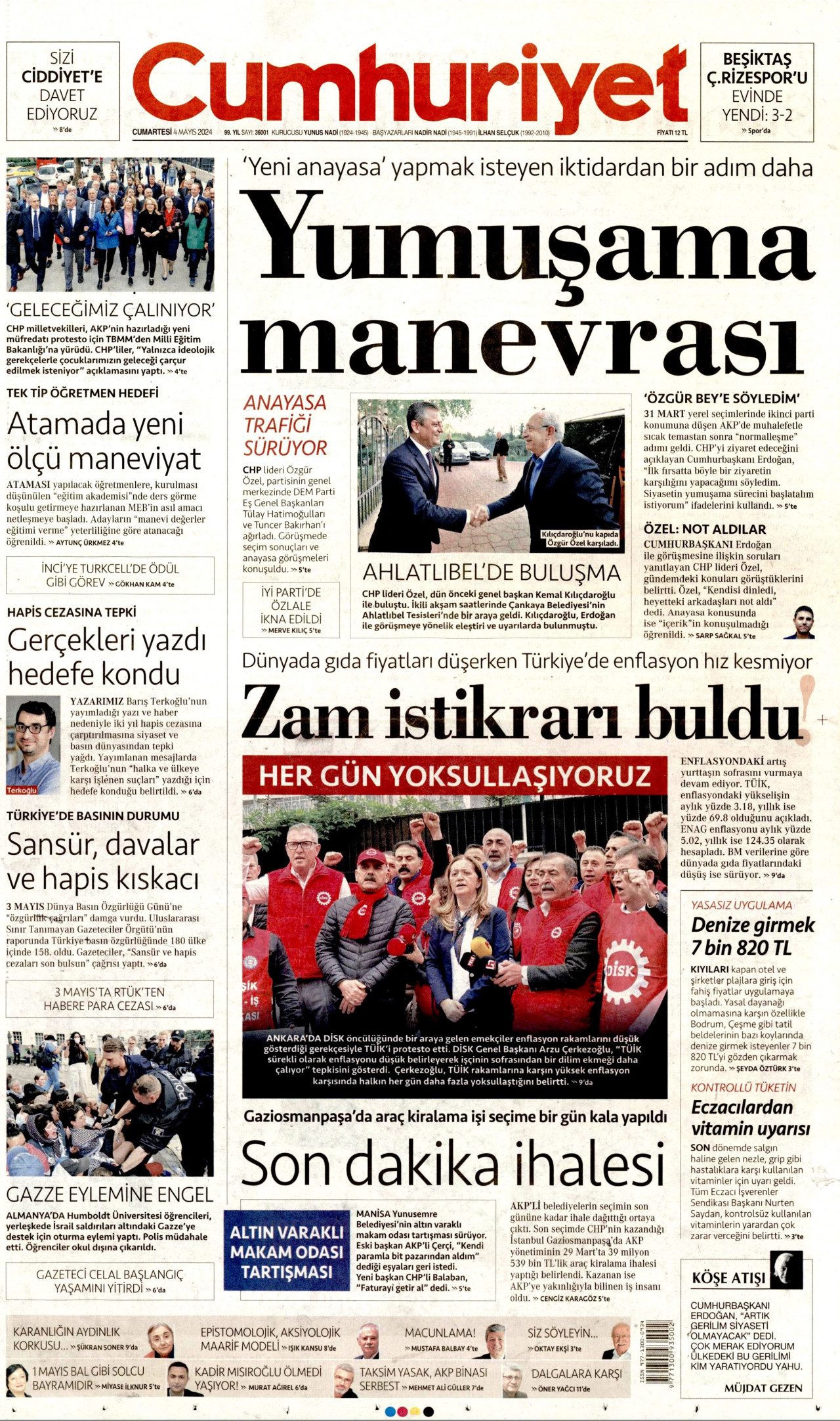 CUMHURİYET gazetesinin 4 Mayıs 2024 tarihli birinci sayfası