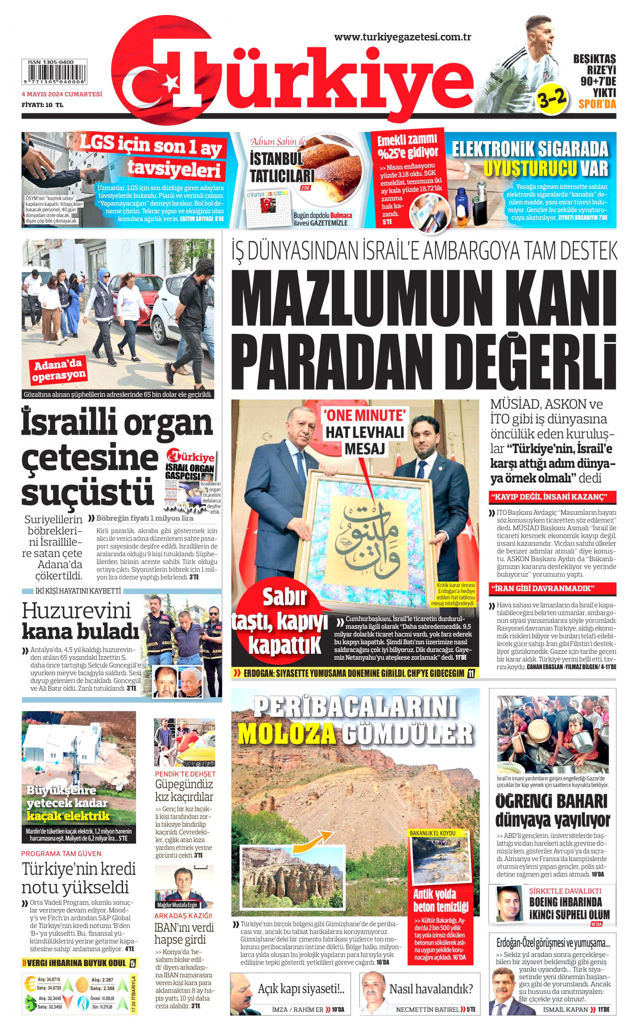 TÜRKİYE GAZETESİ gazetesinin 4 Mayıs 2024 tarihli birinci sayfası