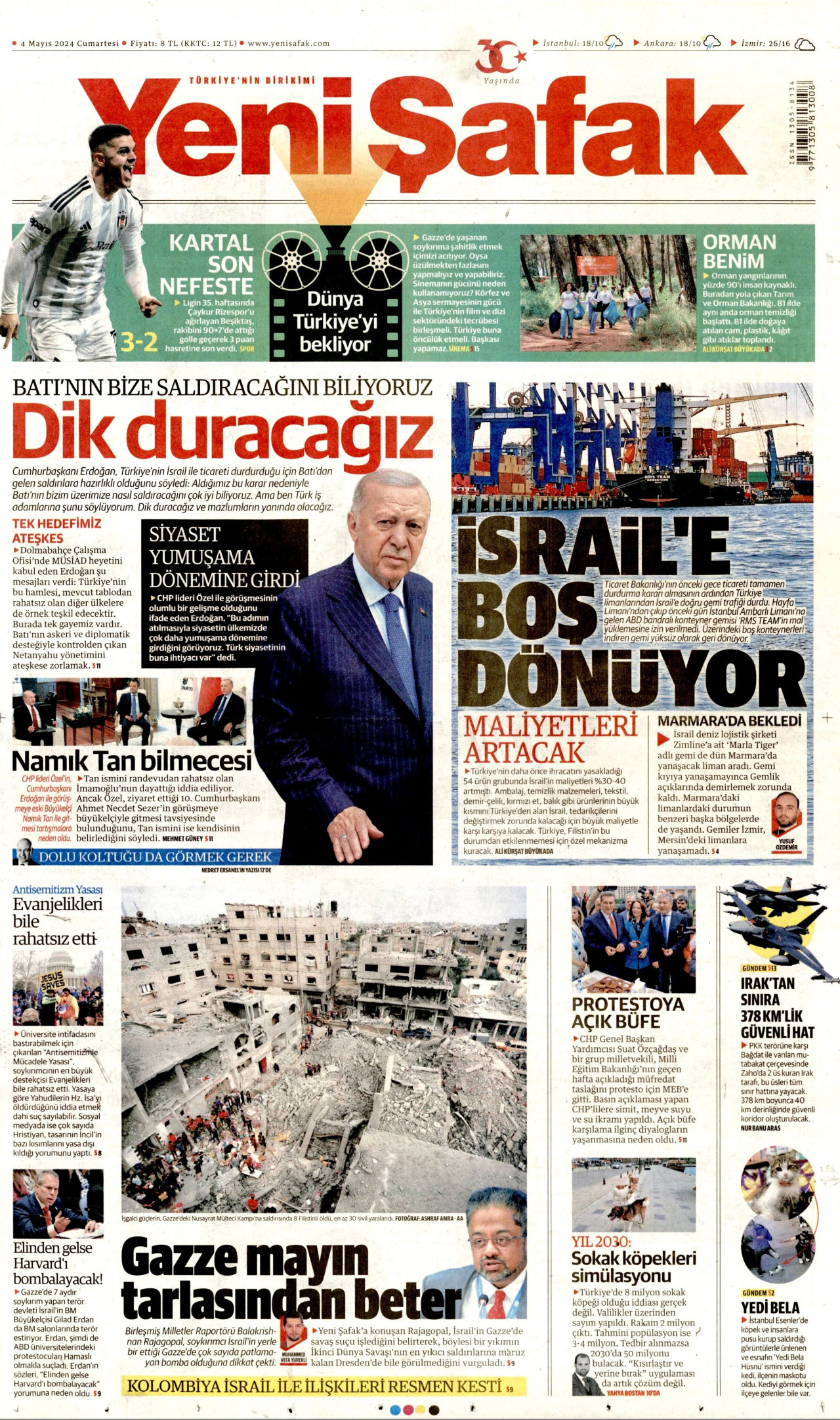 YENİ ŞAFAK gazetesinin 4 Mayıs 2024 tarihli birinci sayfası