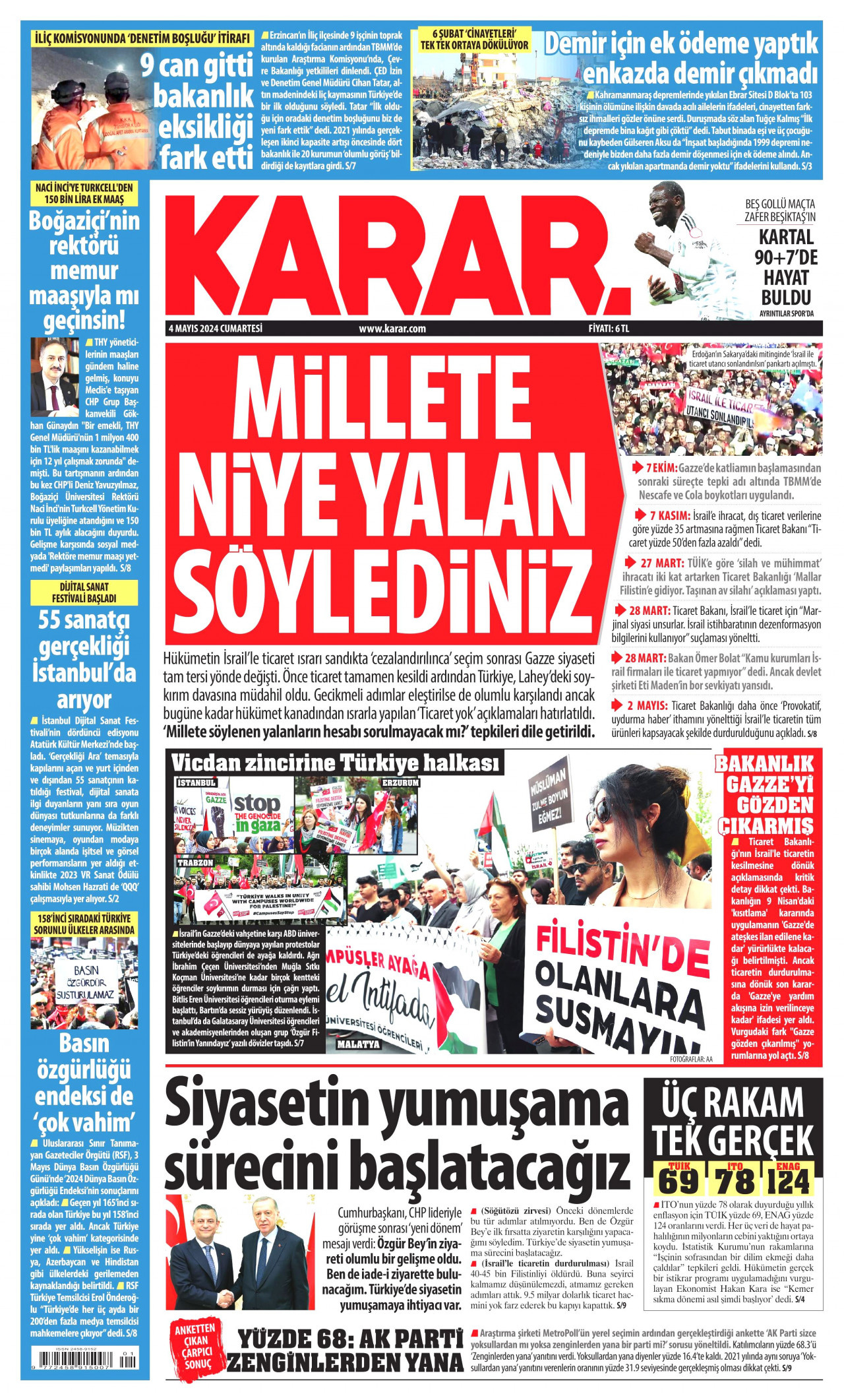KARAR gazetesinin 4 Mayıs 2024 tarihli birinci sayfası