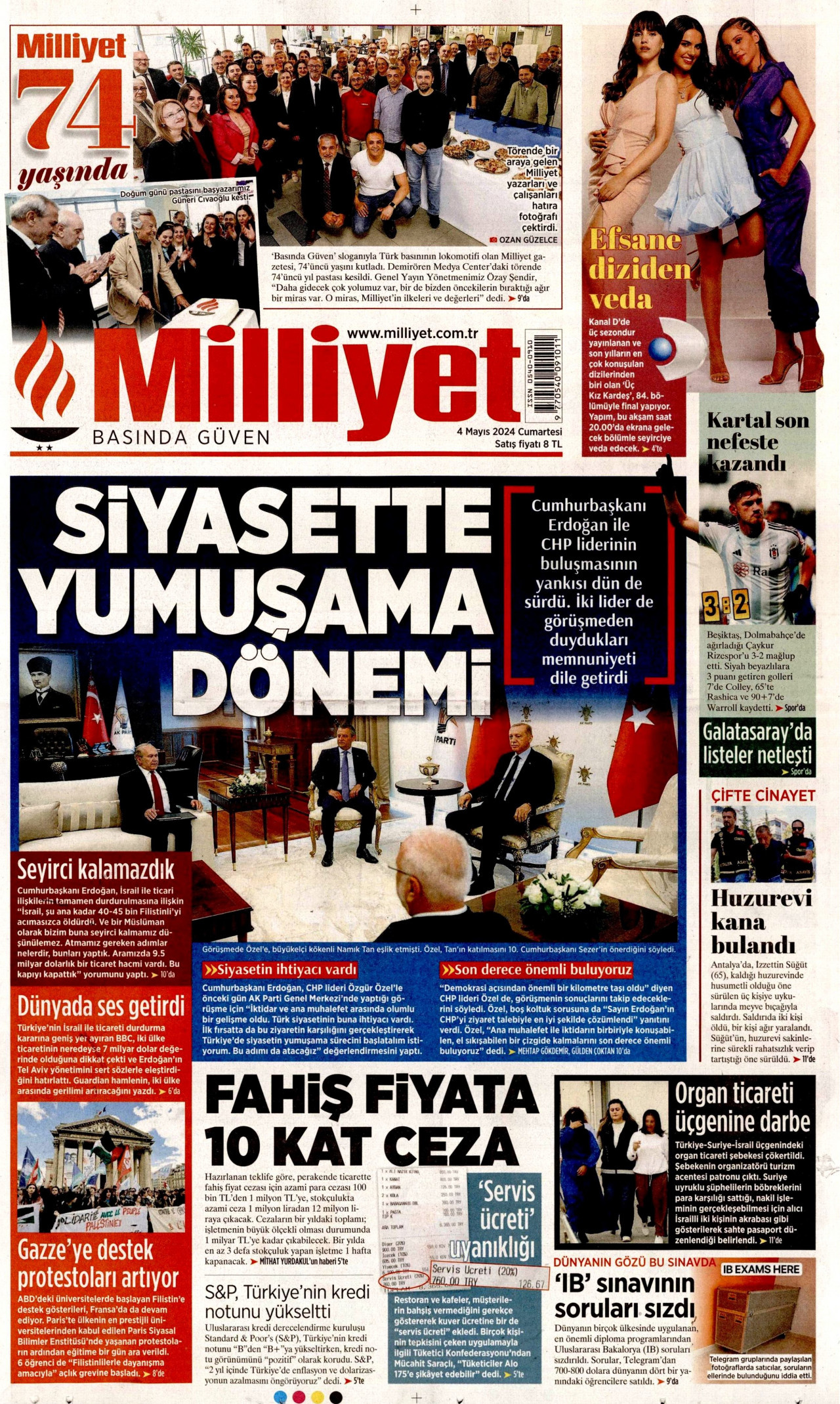 MİLLİYET gazetesinin 4 Mayıs 2024 tarihli birinci sayfası