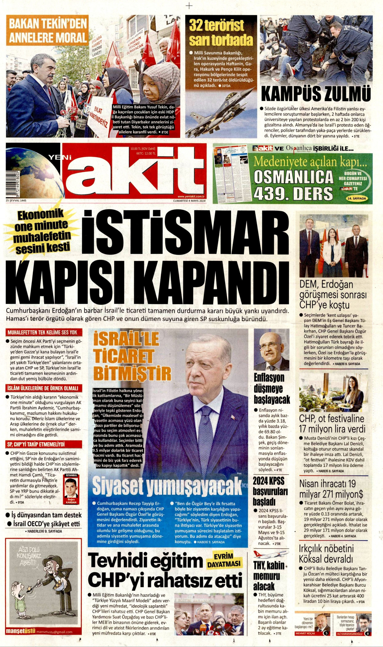 YENİ AKİT gazetesinin 4 Mayıs 2024 tarihli birinci sayfası