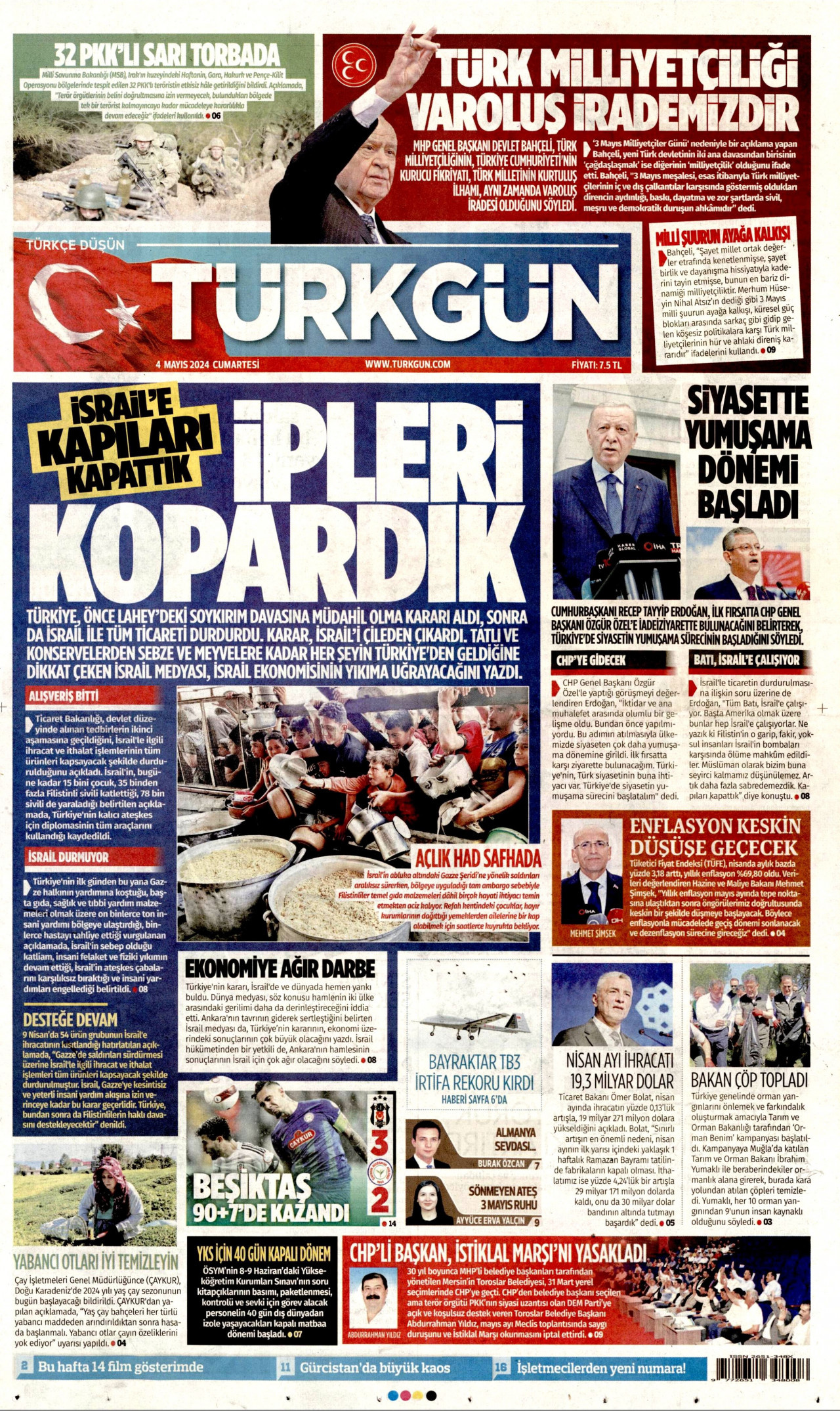 TÜRKGÜN gazetesinin 4 Mayıs 2024 tarihli birinci sayfası