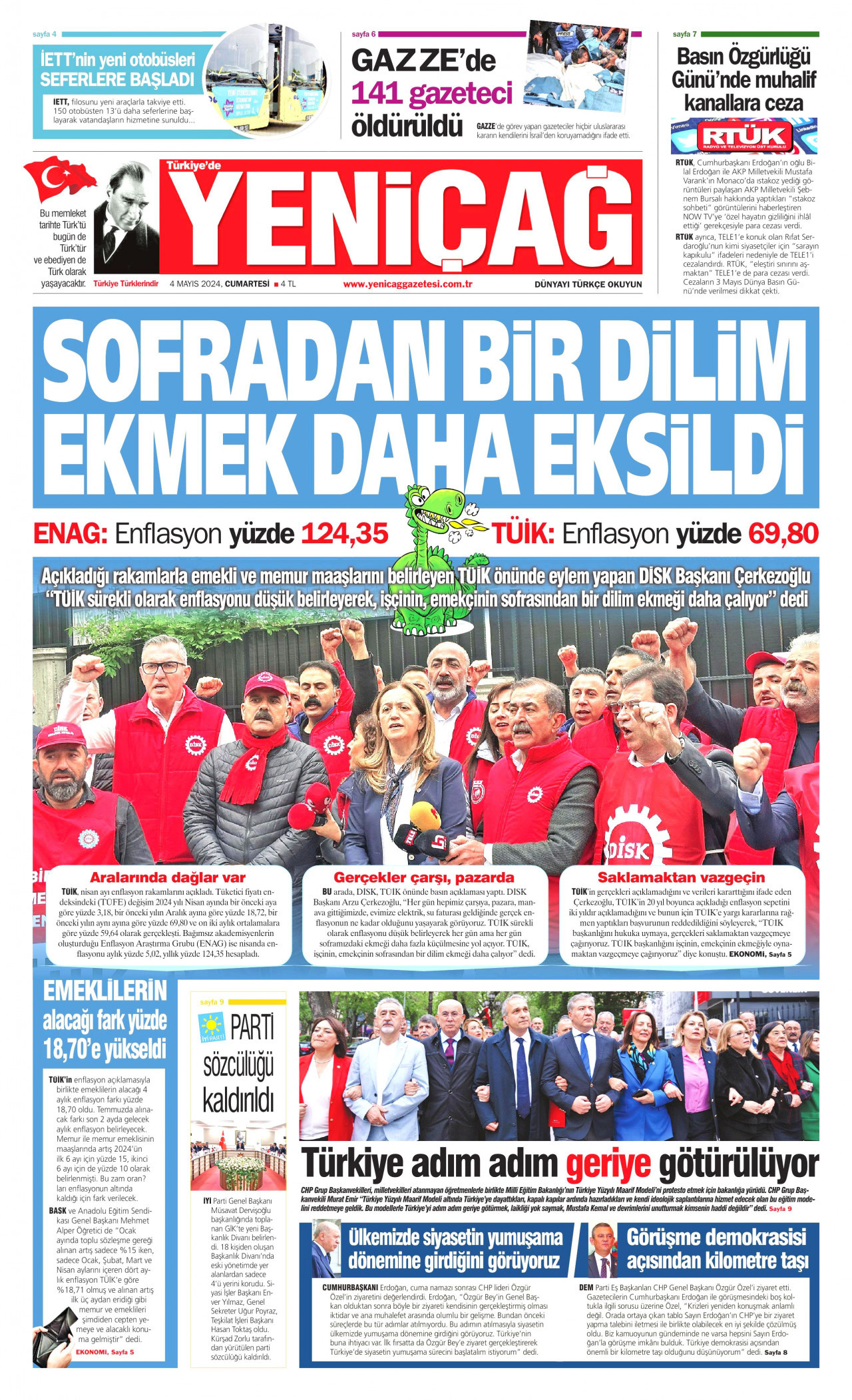 YENİÇAĞ gazetesinin 4 Mayıs 2024 tarihli birinci sayfası