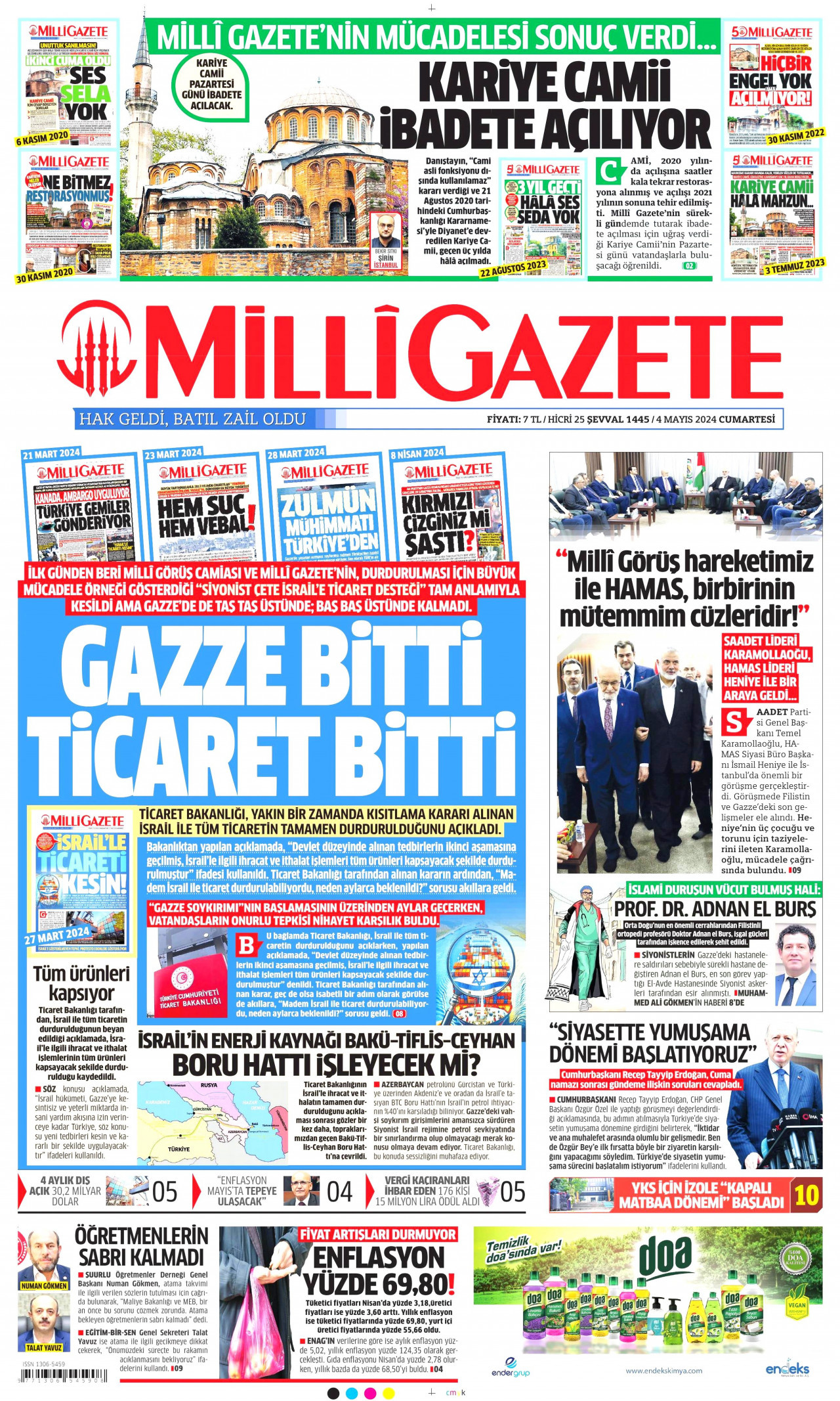 MİLLİ GAZETE gazetesinin 4 Mayıs 2024 tarihli birinci sayfası
