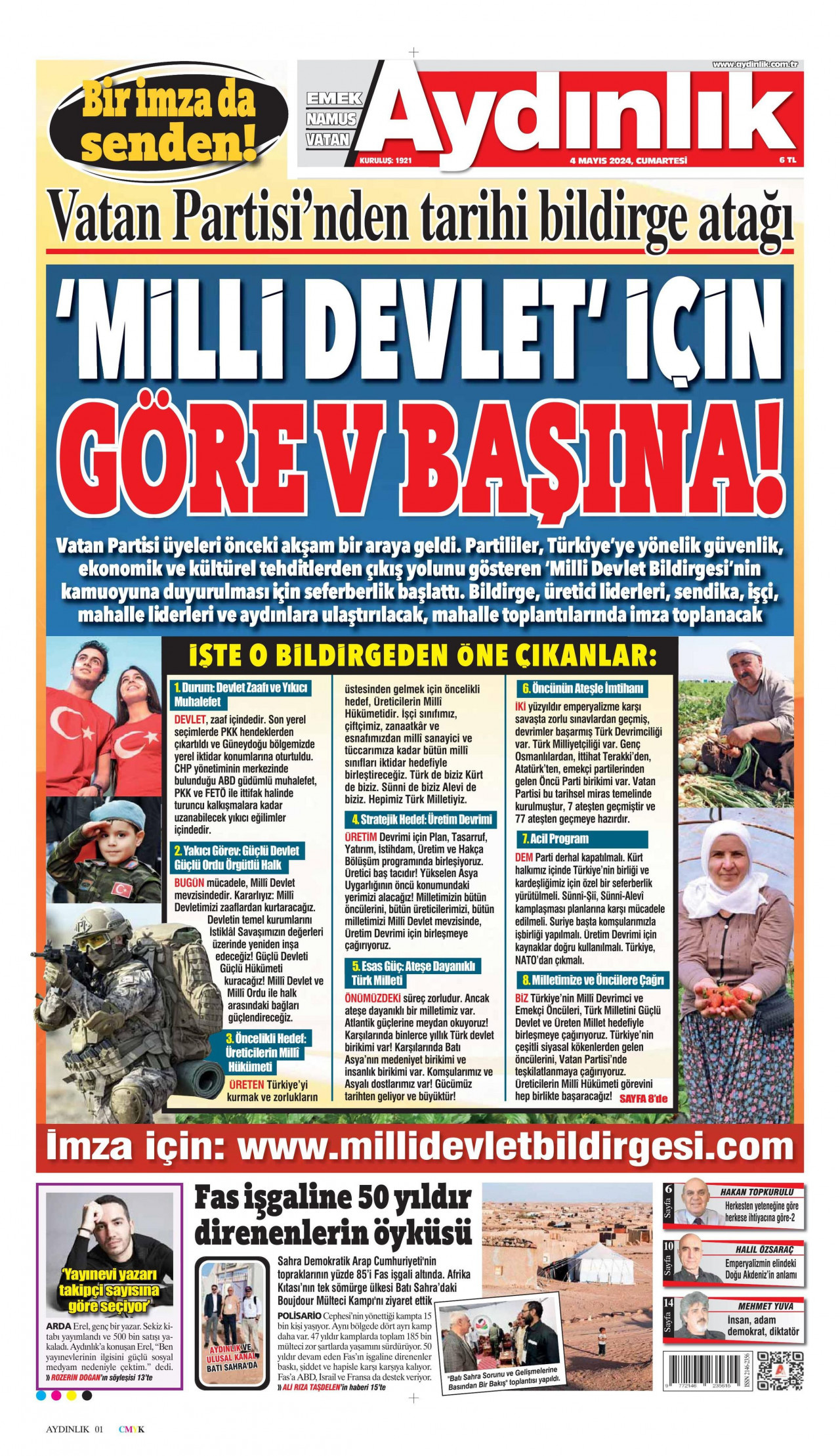AYDINLIK GAZETESİ gazetesinin 4 Mayıs 2024 tarihli birinci sayfası