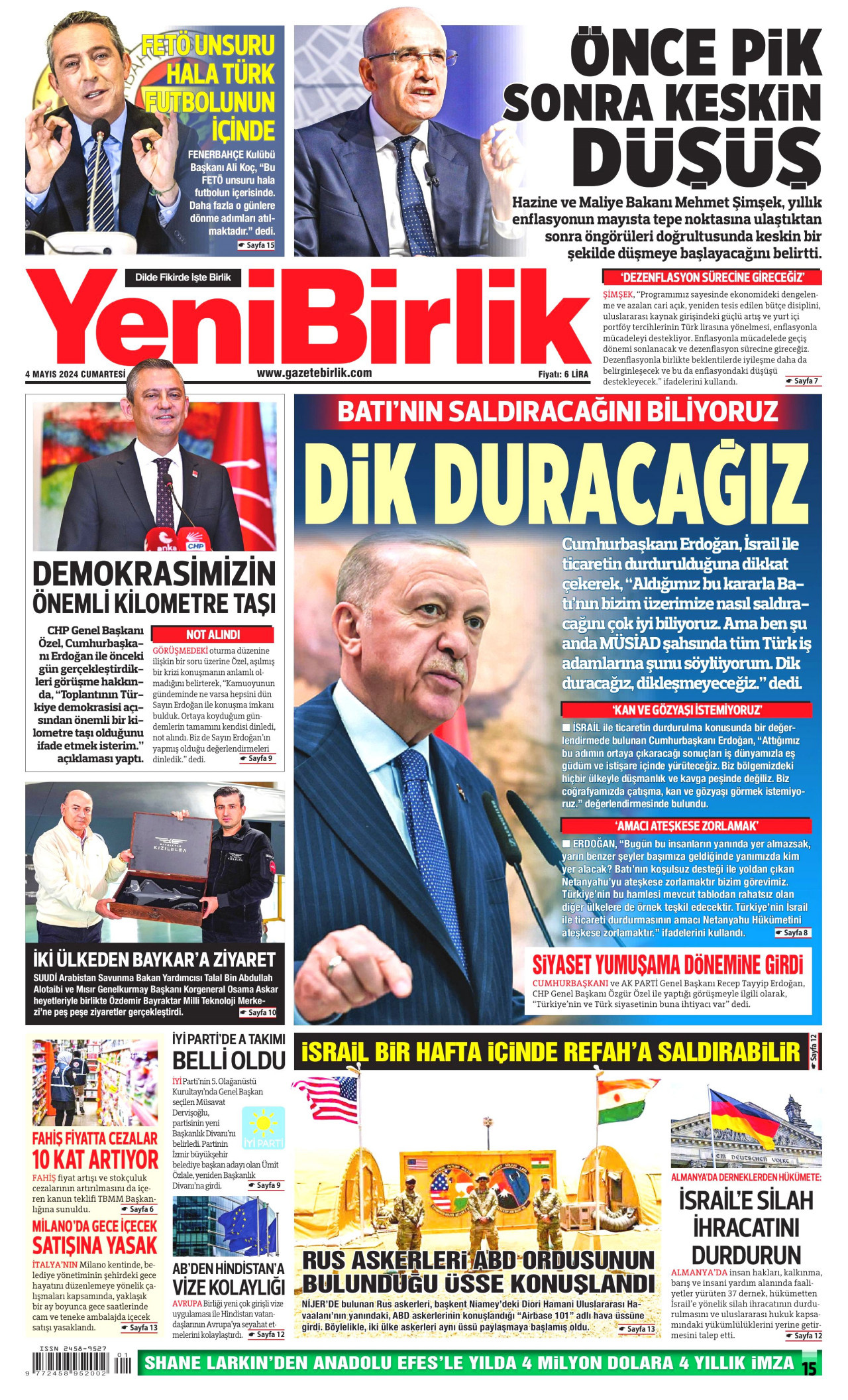 YENİBİRLİK gazetesinin 4 Mayıs 2024 tarihli birinci sayfası