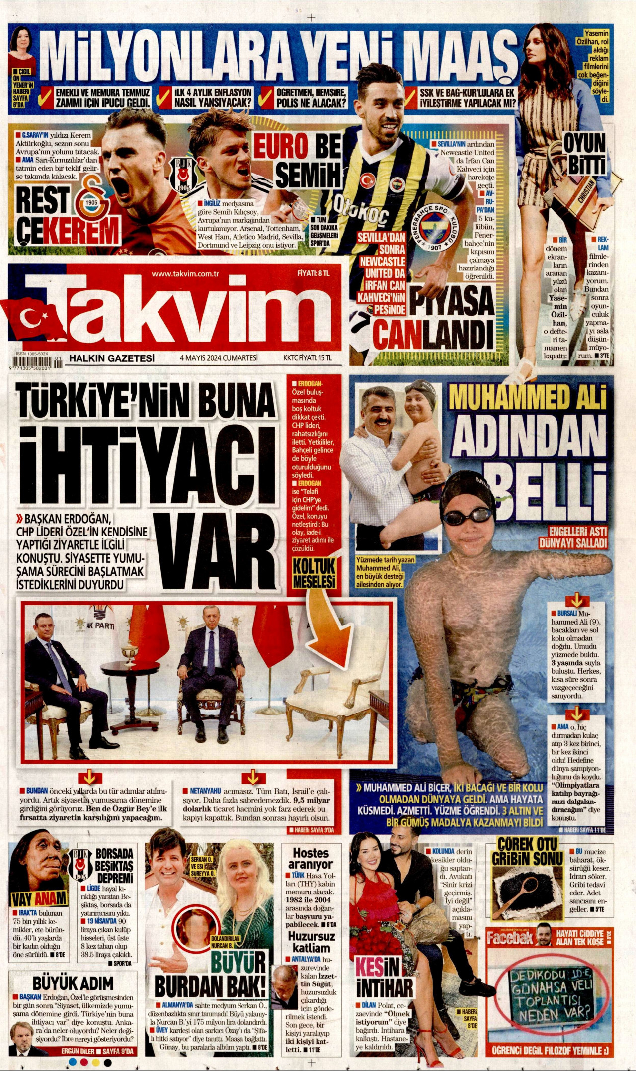 TAKVİM gazetesinin 4 Mayıs 2024 tarihli birinci sayfası