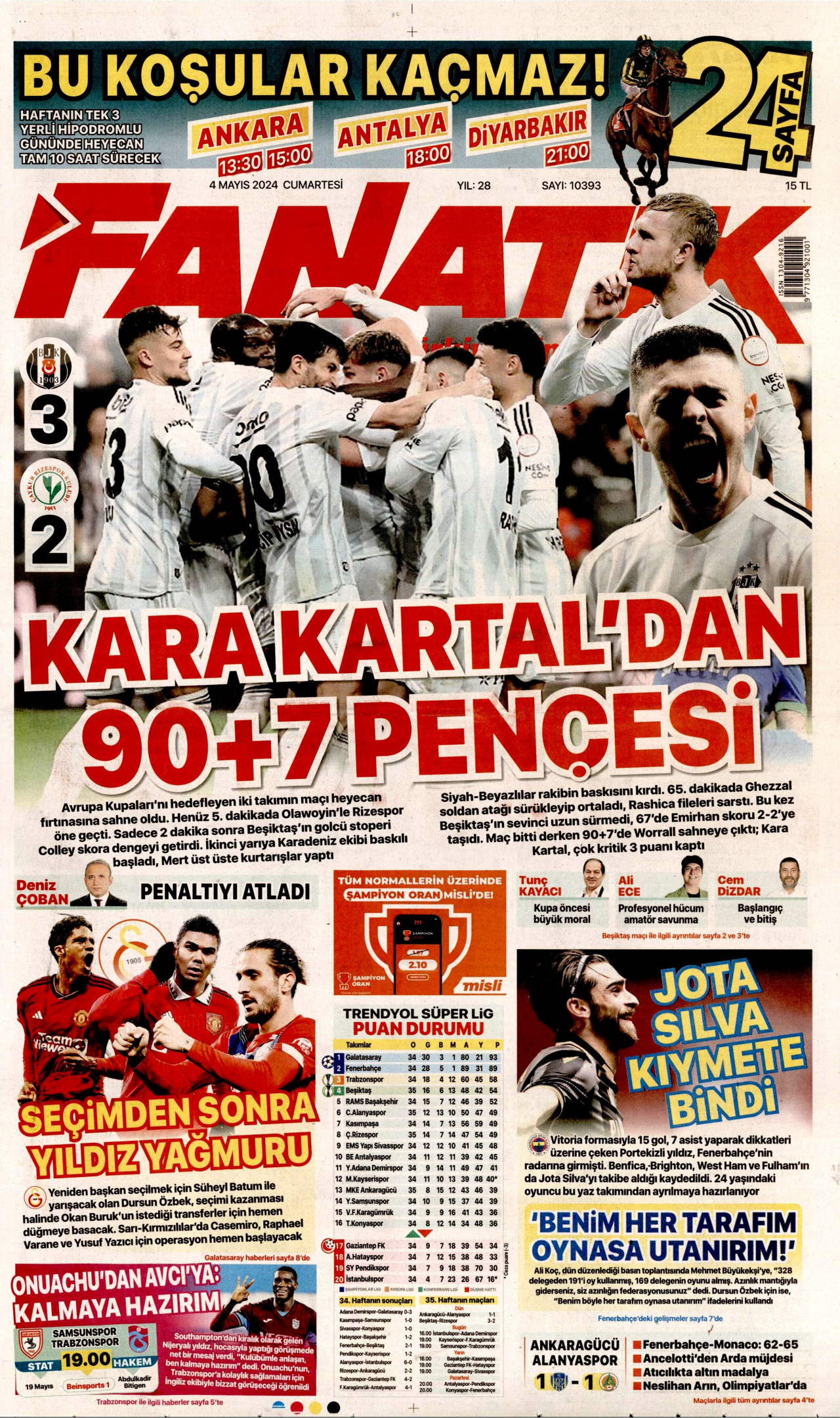 FANATİK gazetesinin 4 Mayıs 2024 tarihli birinci sayfası