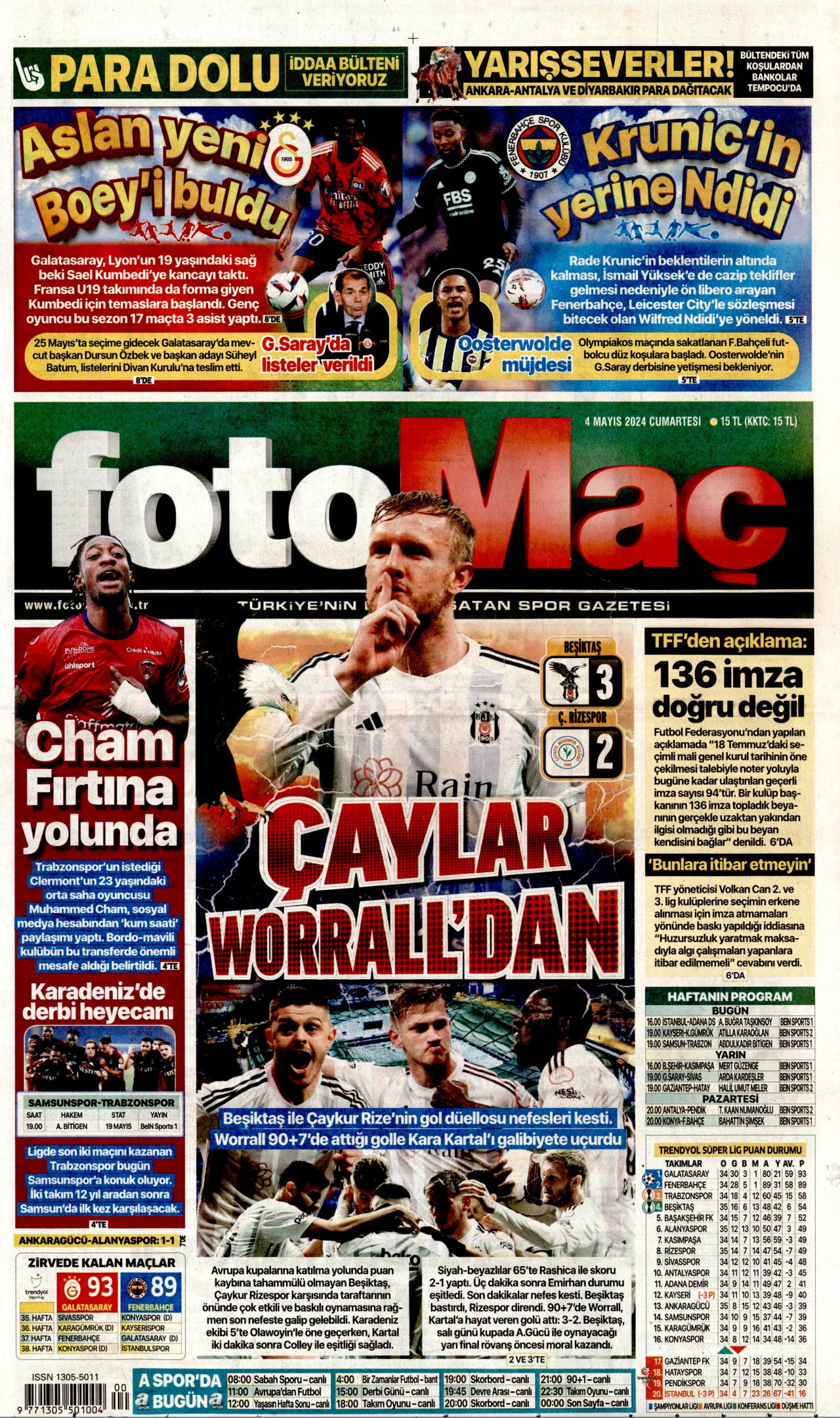 FOTOMAÇ gazetesinin 4 Mayıs 2024 tarihli birinci sayfası
