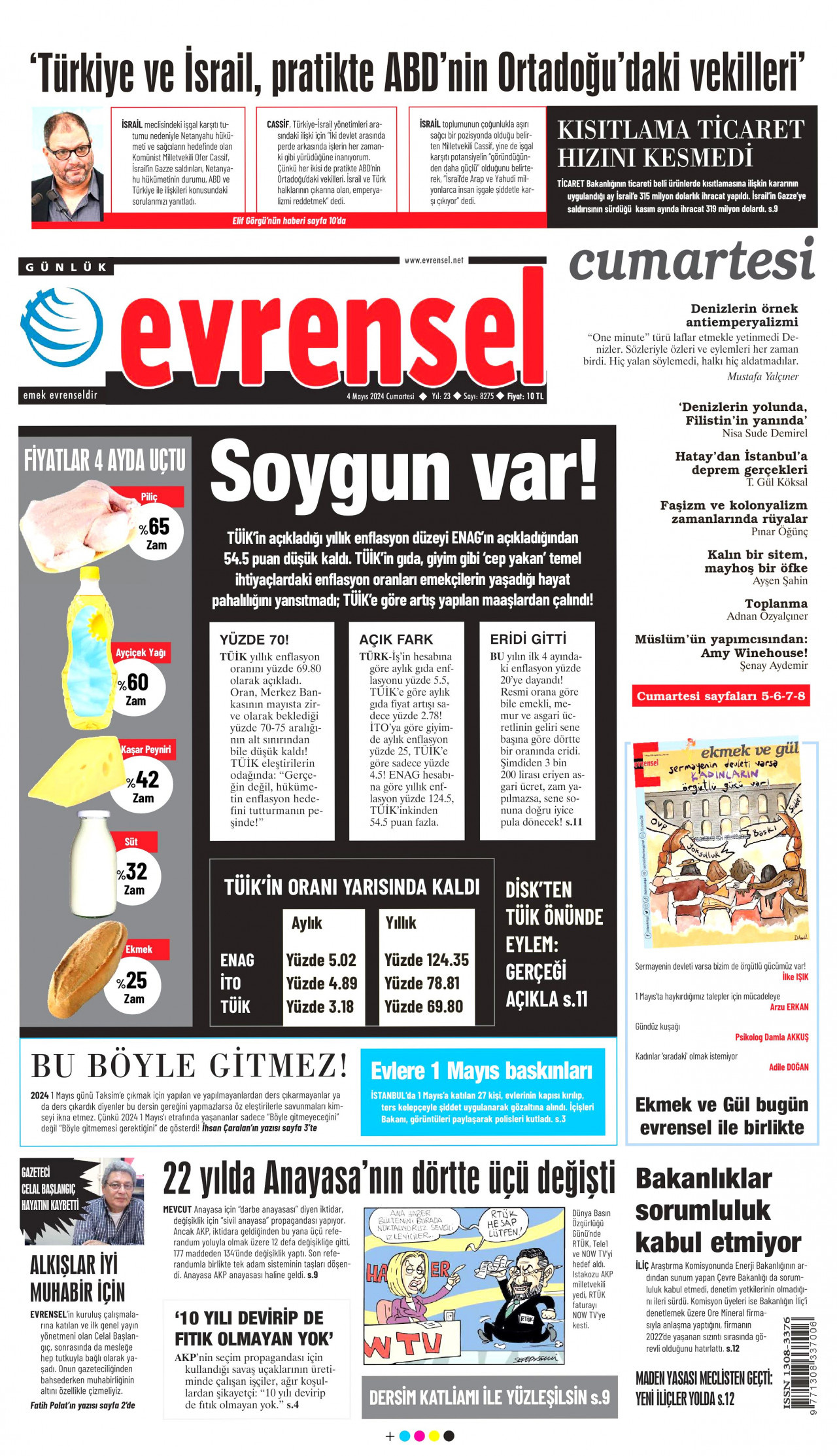 EVRENSEL gazetesinin 4 Mayıs 2024 tarihli birinci sayfası