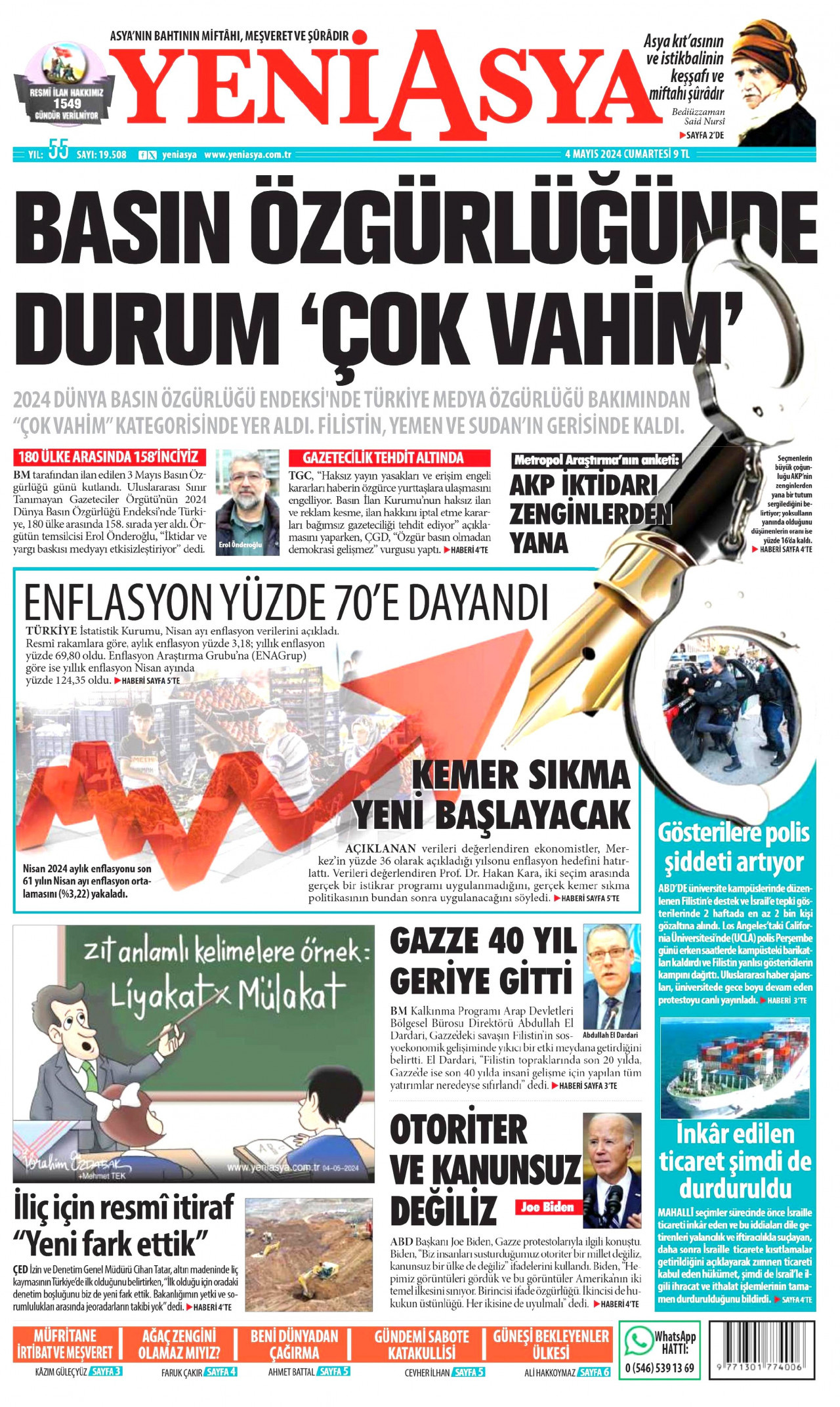 YENİ ASYA gazetesinin 4 Mayıs 2024 tarihli birinci sayfası