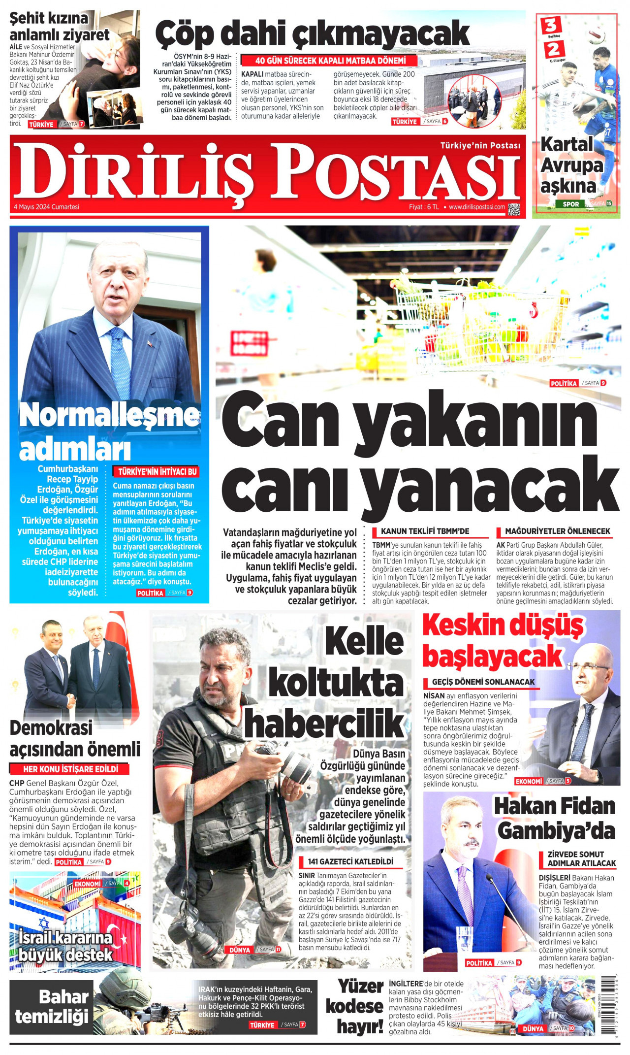 DİRİLİŞ POSTASI gazetesinin 4 Mayıs 2024 tarihli birinci sayfası