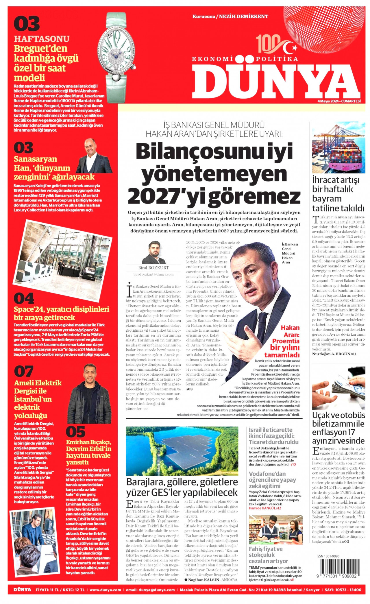 DÜNYA gazetesinin 4 Mayıs 2024 tarihli birinci sayfası