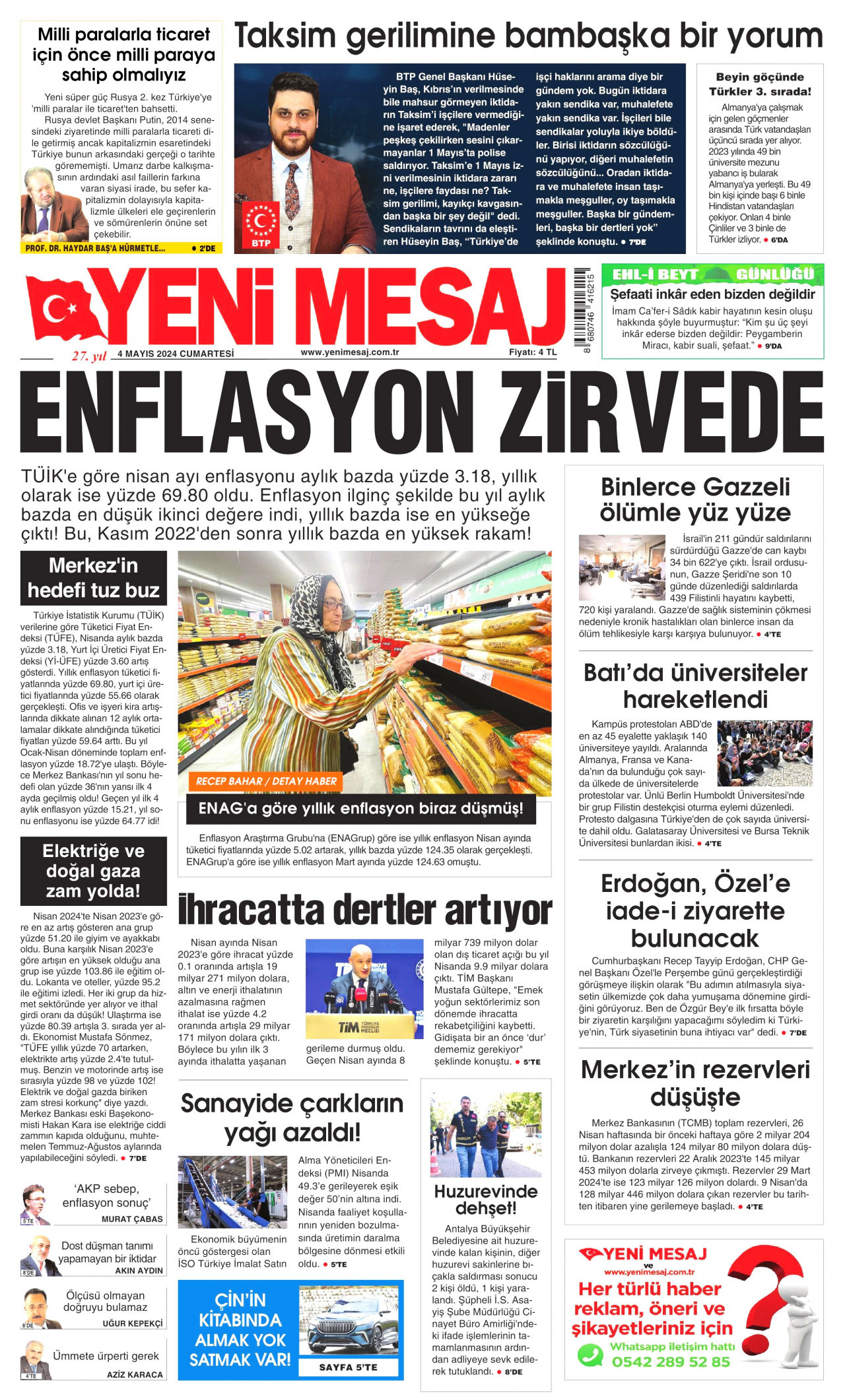 YENİ MESAJ gazetesinin 4 Mayıs 2024 tarihli birinci sayfası