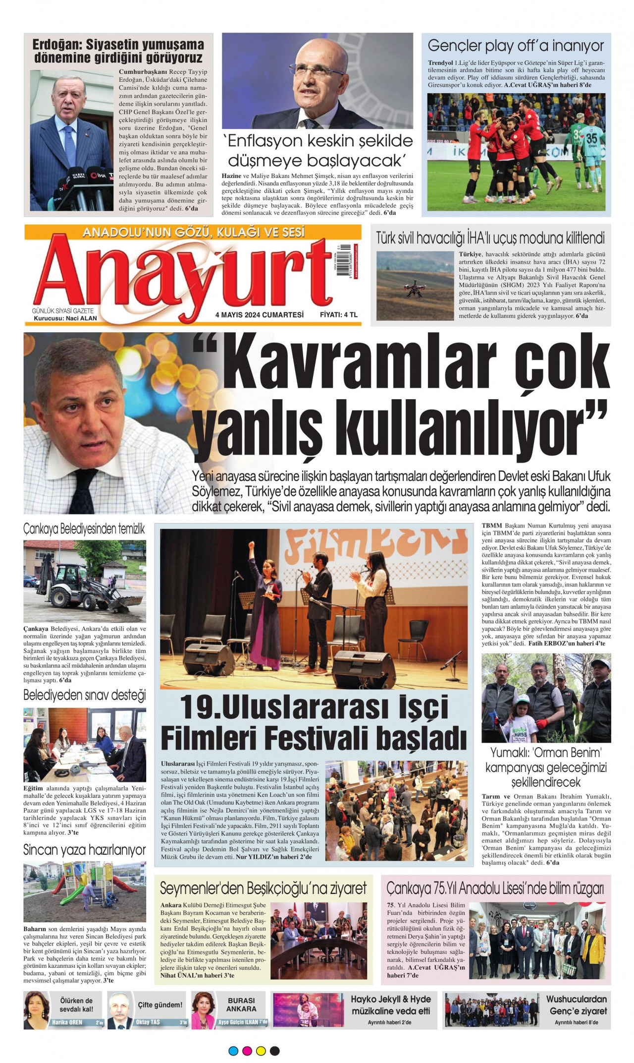 ANAYURT gazetesinin 4 Mayıs 2024 tarihli birinci sayfası