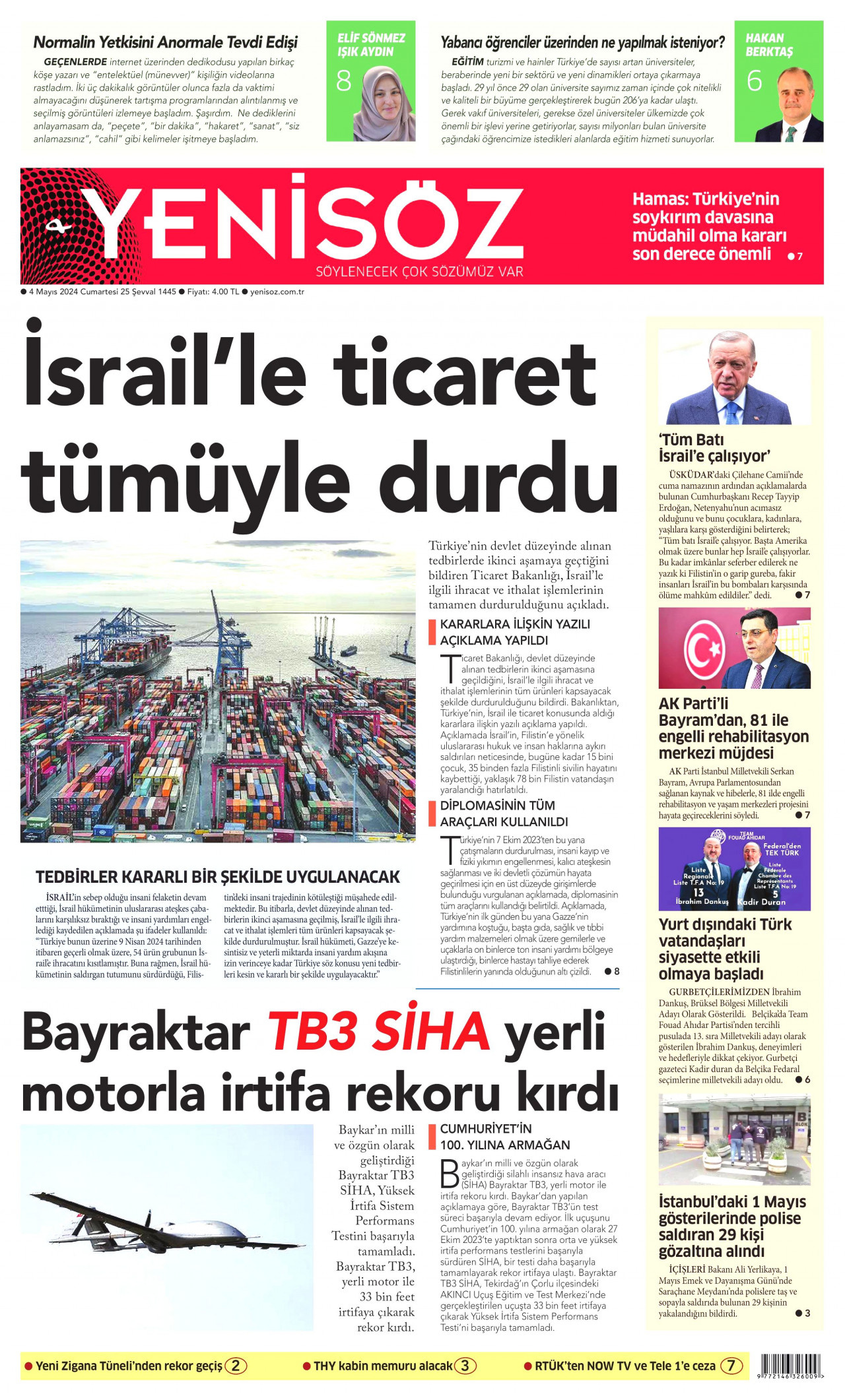 YENİ SÖZ GAZETESİ gazetesinin 4 Mayıs 2024 tarihli birinci sayfası