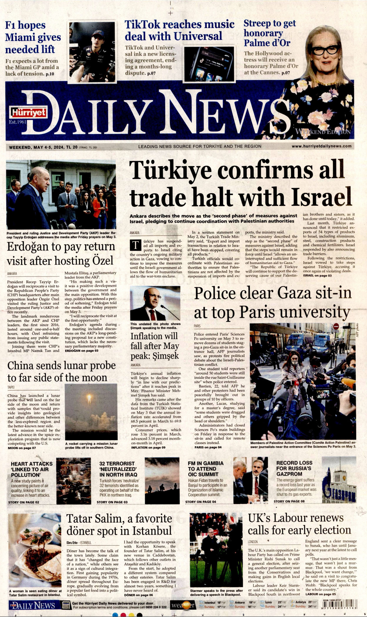 HÜRRİYET DAİLY NEWS gazetesinin 4 Mayıs 2024 tarihli birinci sayfası