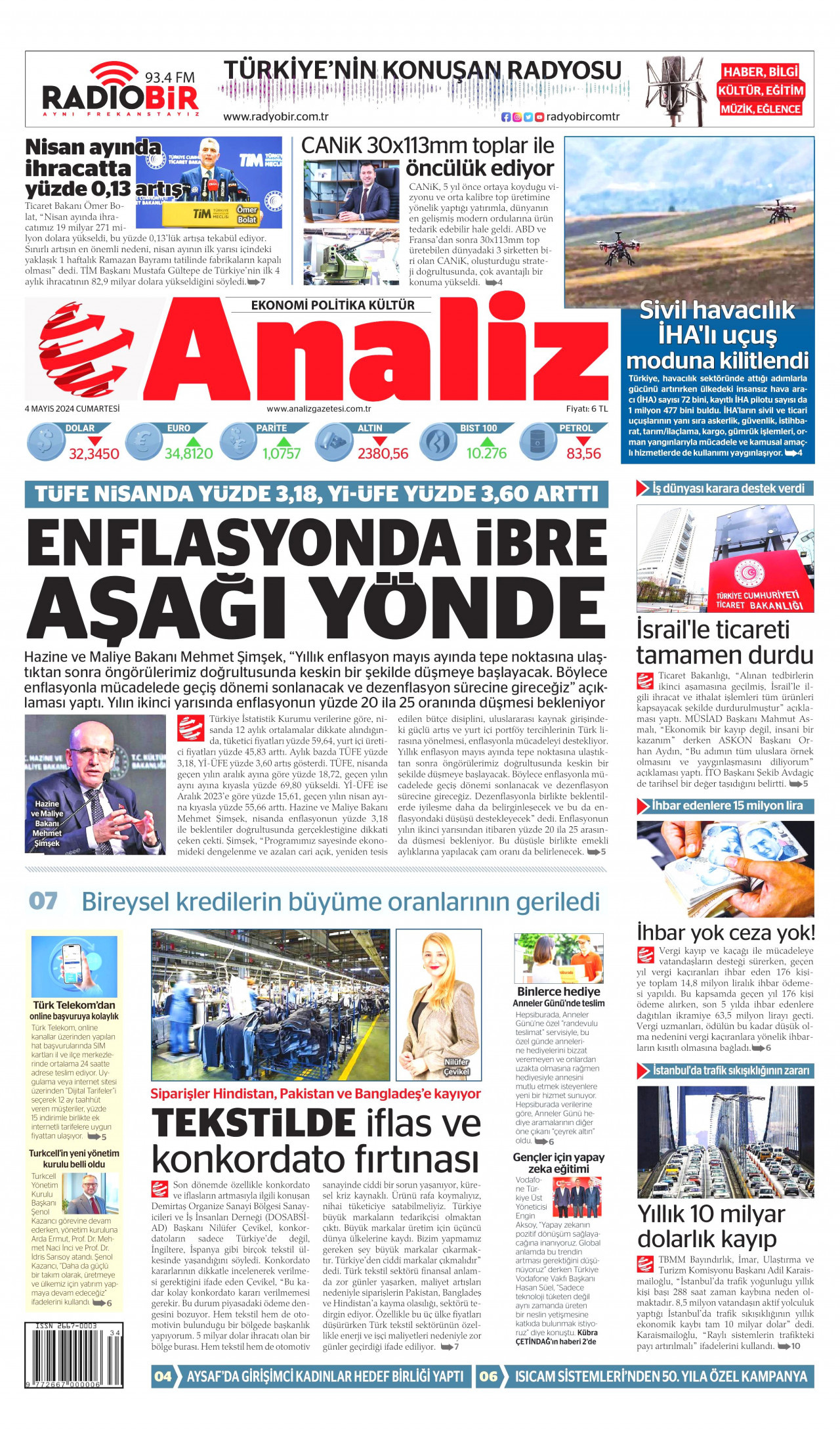 ANALİZ gazetesinin 4 Mayıs 2024 tarihli birinci sayfası