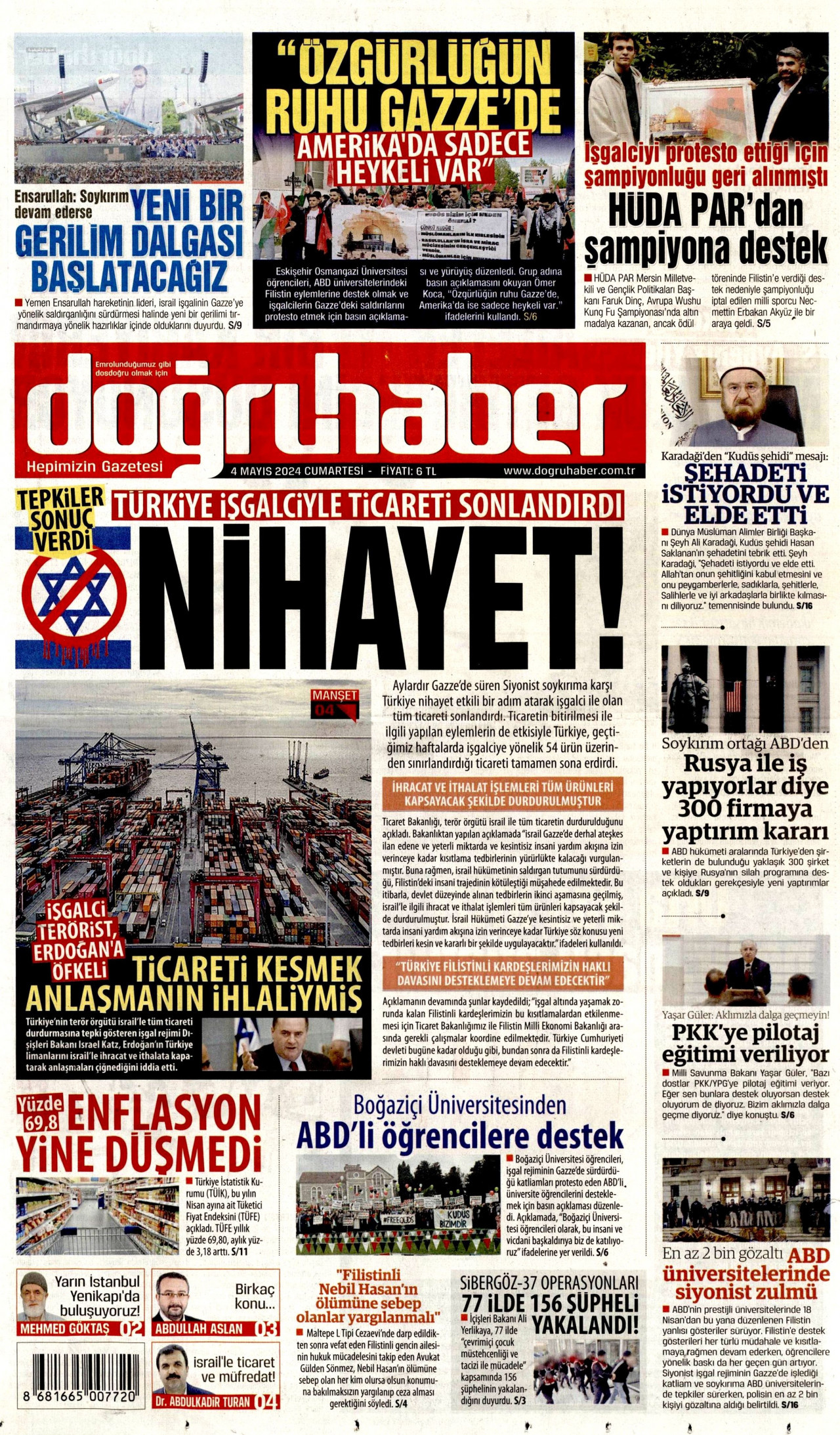 DOĞRU HABER gazetesinin 4 Mayıs 2024 tarihli birinci sayfası