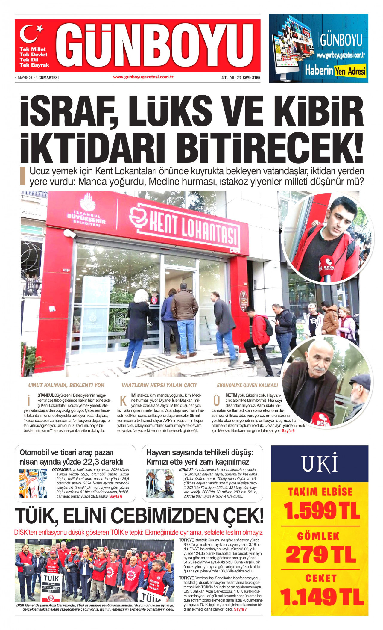 GÜNBOYU gazetesinin 4 Mayıs 2024 tarihli birinci sayfası