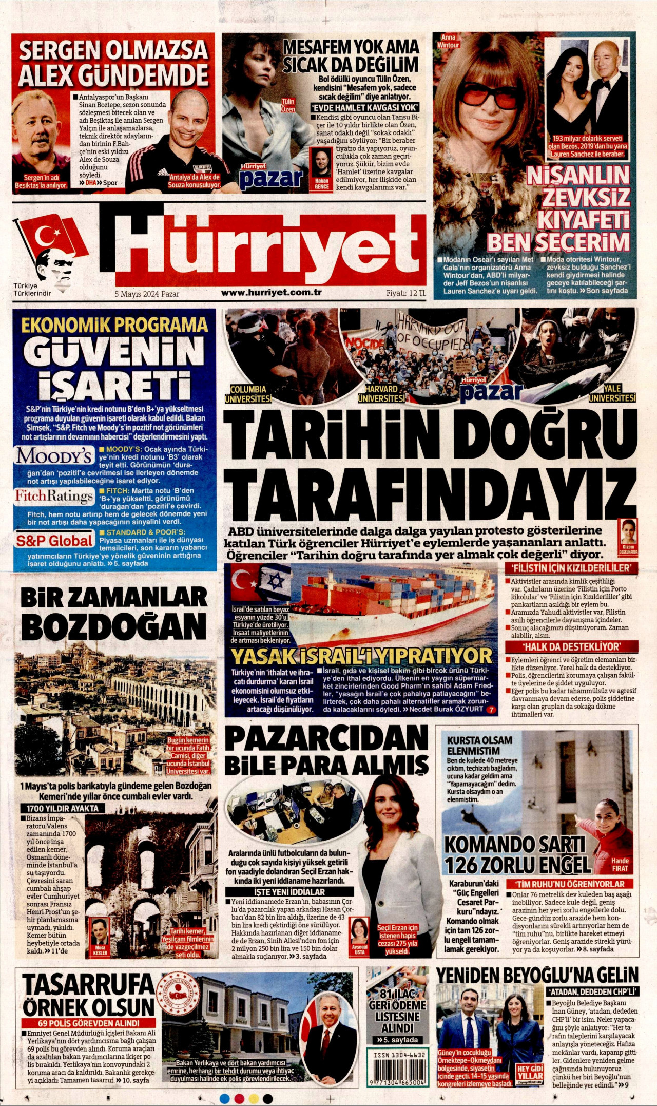 HÜRRİYET gazetesinin 5 Mayıs 2024 tarihli birinci sayfası