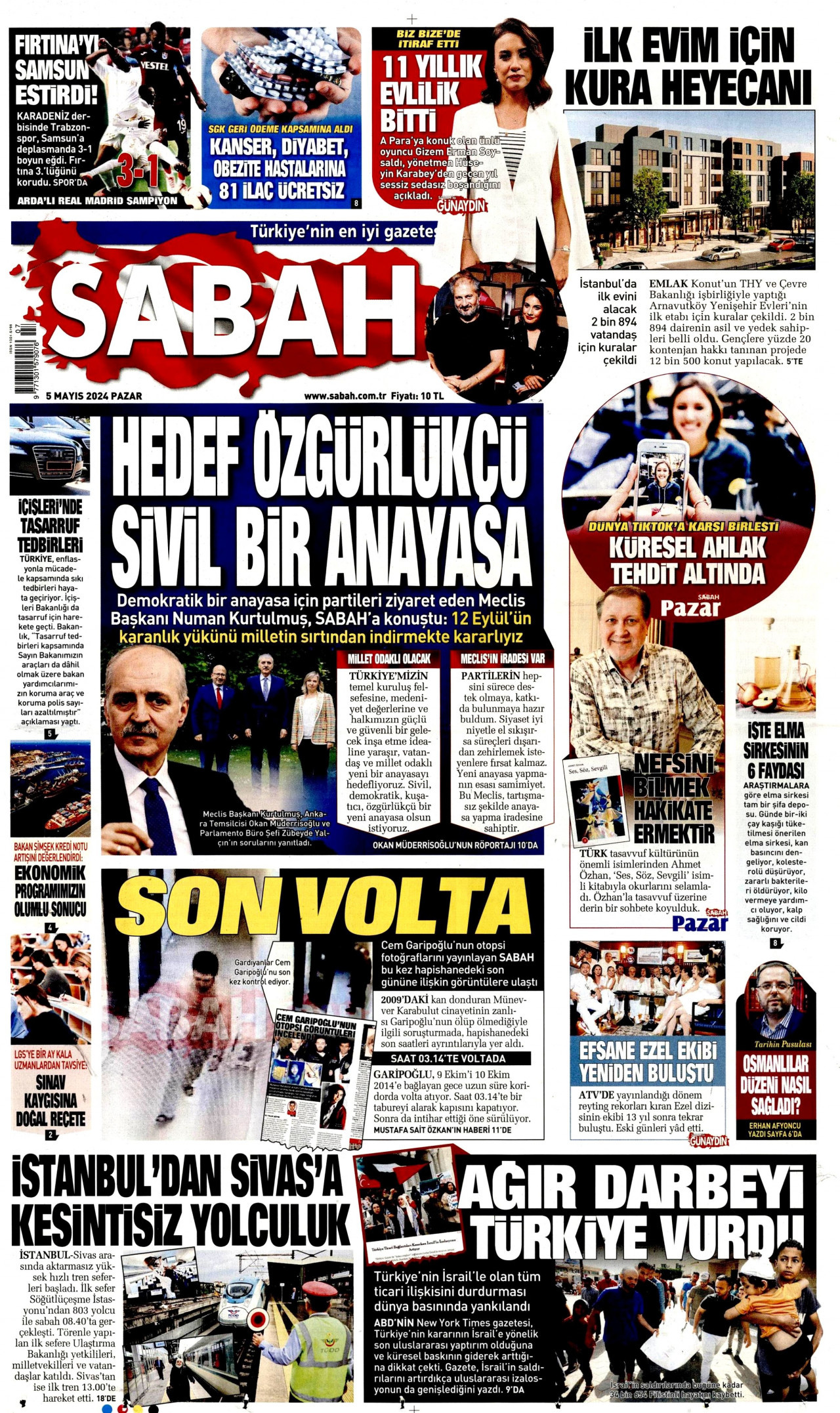 SABAH gazetesinin 5 Mayıs 2024 tarihli birinci sayfası