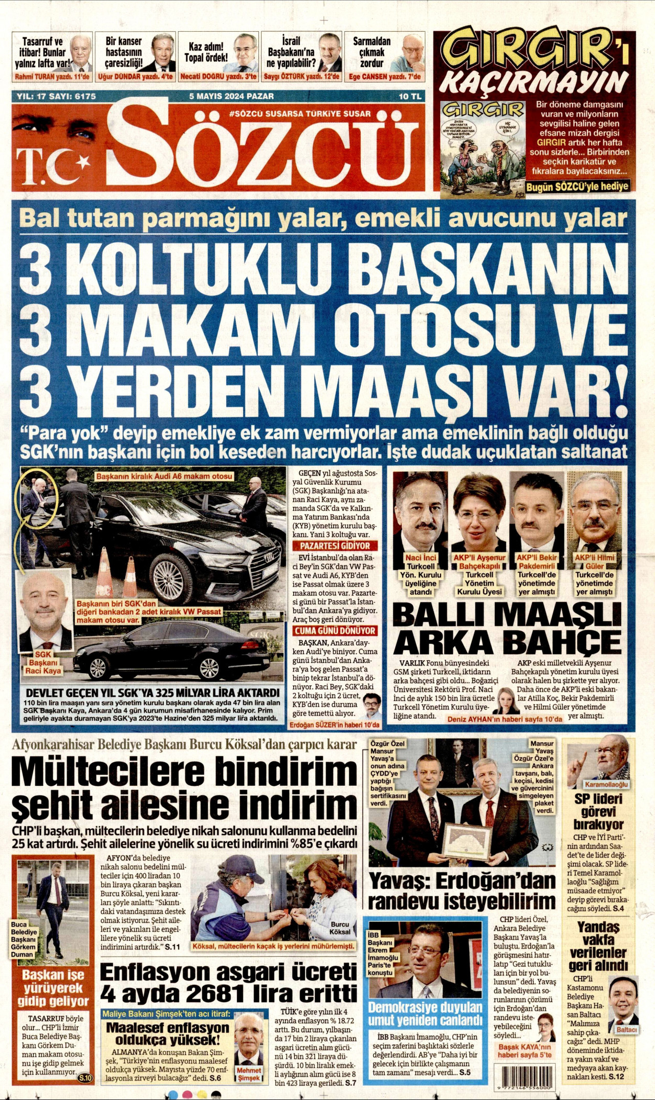 SÖZCÜ gazetesinin 5 Mayıs 2024 tarihli birinci sayfası
