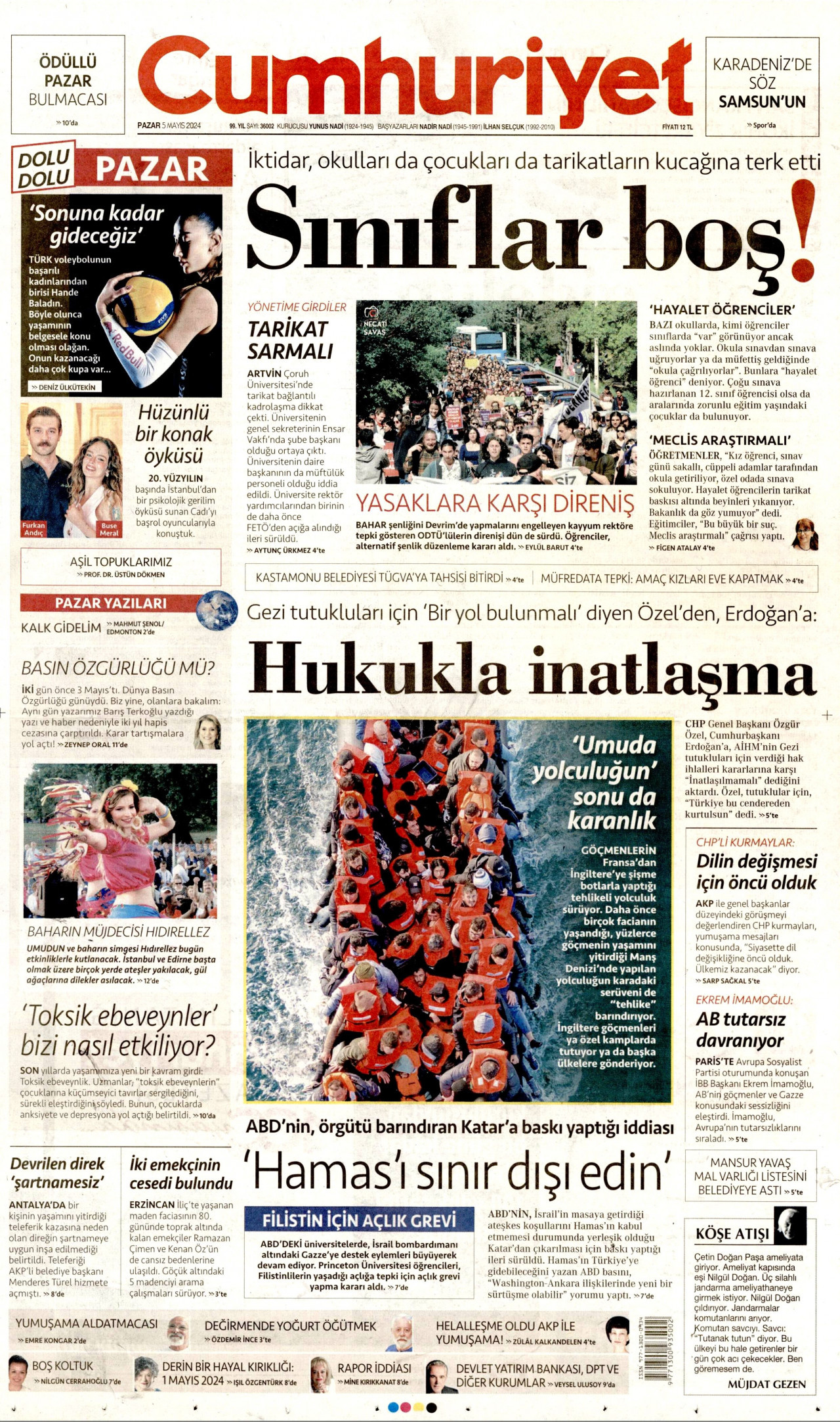 CUMHURİYET gazetesinin 5 Mayıs 2024 tarihli birinci sayfası