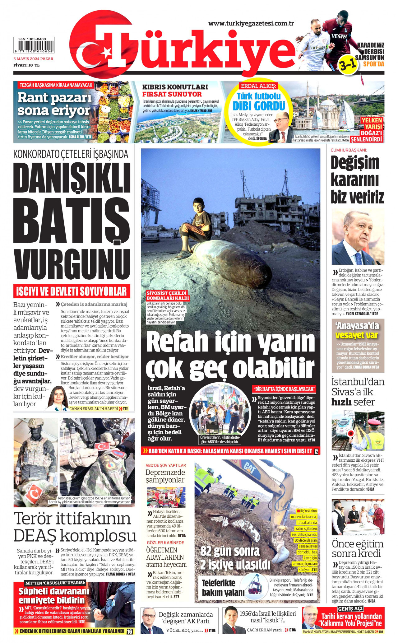 TÜRKİYE GAZETESİ gazetesinin 5 Mayıs 2024 tarihli birinci sayfası